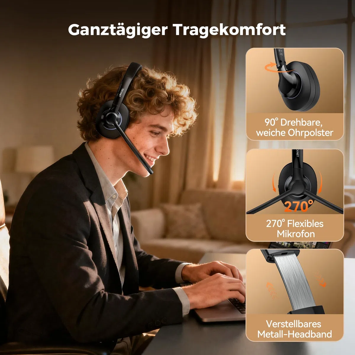 TECKNET V6.0 Bluetooth Headset mit Mikrofon,Wireless Headset mit AI Noise Cancelling Bluetooth Kabellos Kopfhörer PC On Ear mit USB-C Empfänger Büro/Trucker/Callcenter - 50+ Std. Akku