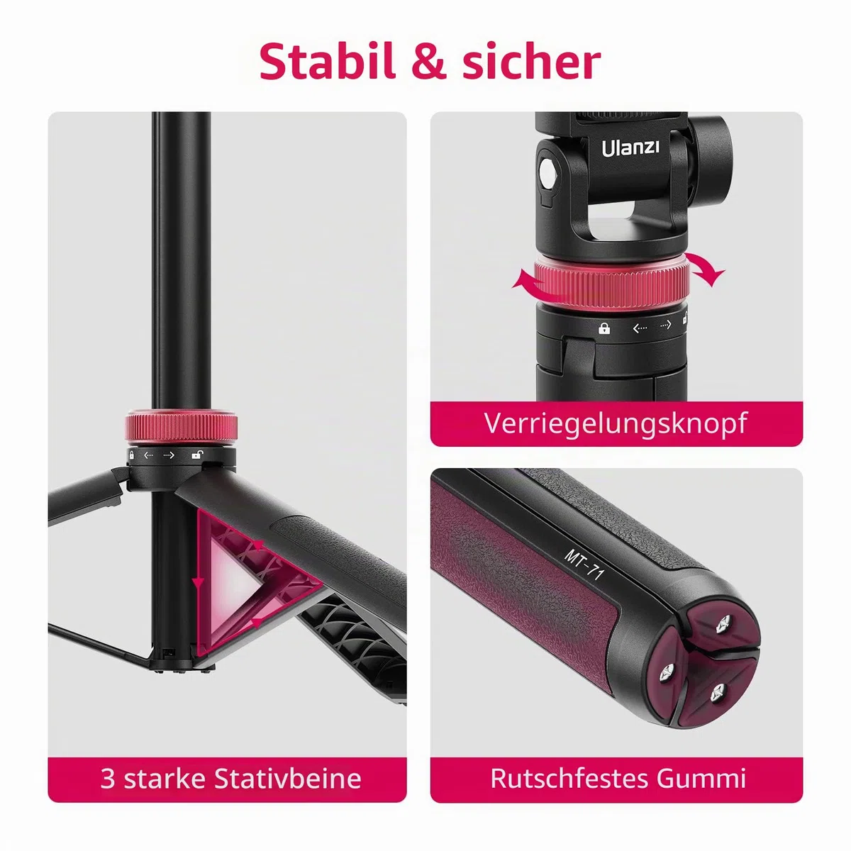 146cm Selfie Stick Stativ Kamera Action Kamera, ULANZI MT-71 Ausziehbar Selfie Stick Stativ Kompatible mit One XR/RS/GO 2 DJI Action