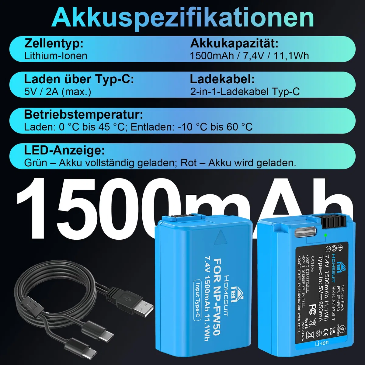 Homesuit NP-FW50 Akku 1500mAh & 2-in-1 Typ-C Ladekabel für Sony A6500 A6400 A6300 A6000 A5000 A5100 zv-e10 A7 A7II A7R A7RII A7SII A7S A7R A7R2 A55 RX10 RX10II NEX-3/5/7 Kamera (2er-Pack)