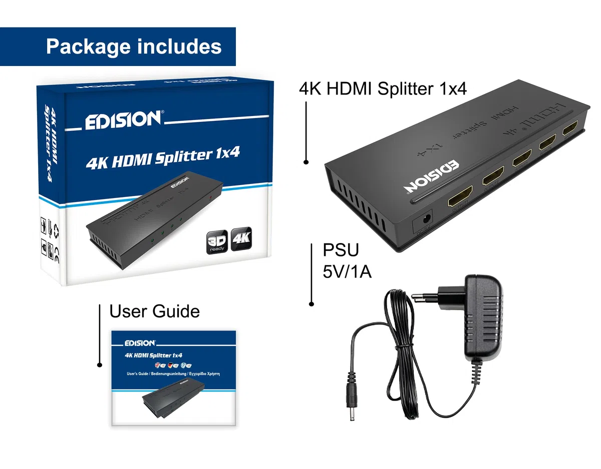 Edision 4k HDMI Splitter 1x4 Verteiler Ultra HD 2160p Full HD 1080p CEC HDCP 3D Ready