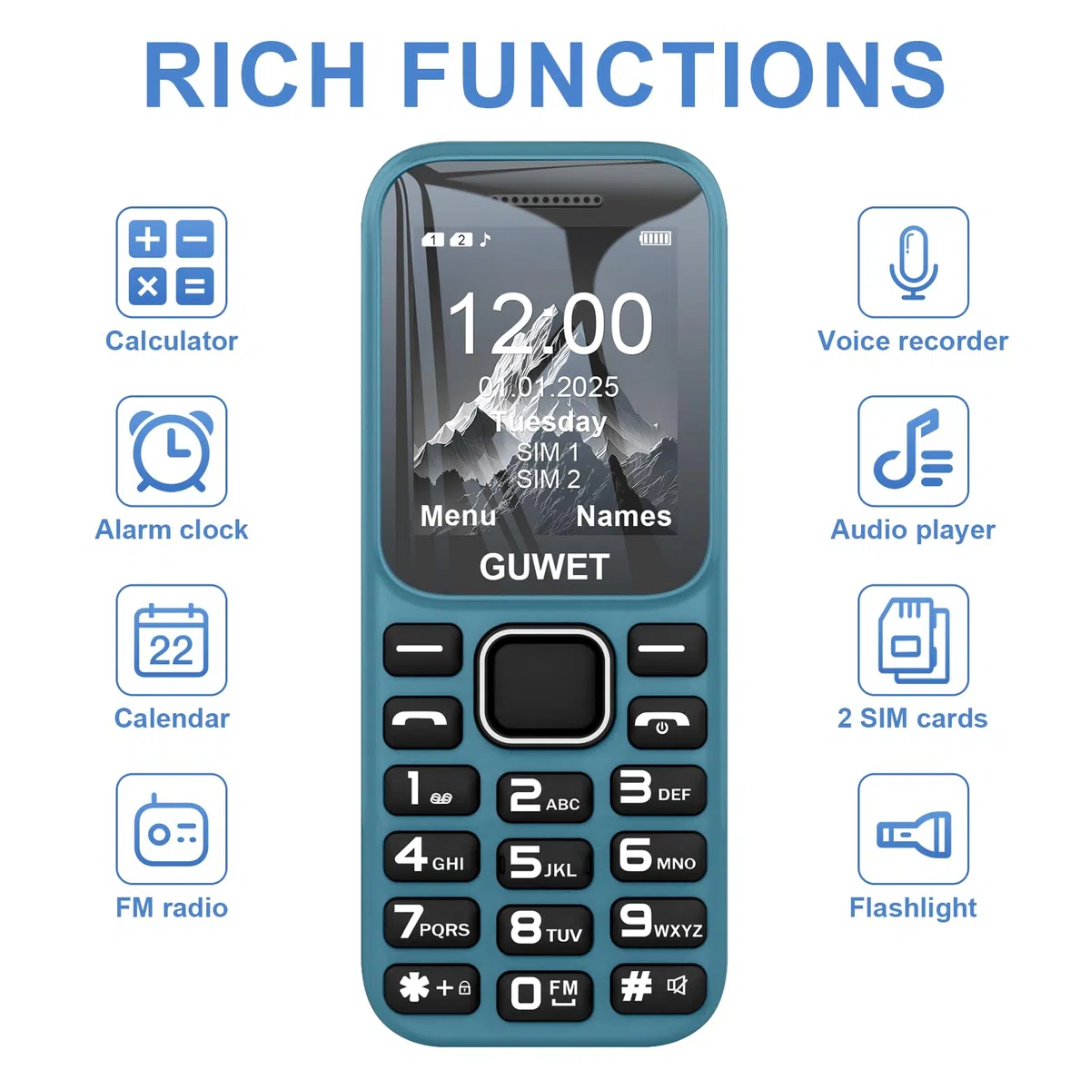 A2 2G Mobile Seniorenhandy ohne Vertrag, Großkapazitätsakku, Lange Standby-Zeit, Dual SIM mit Notruftaste, Rentner Handy große Tasten, Blau