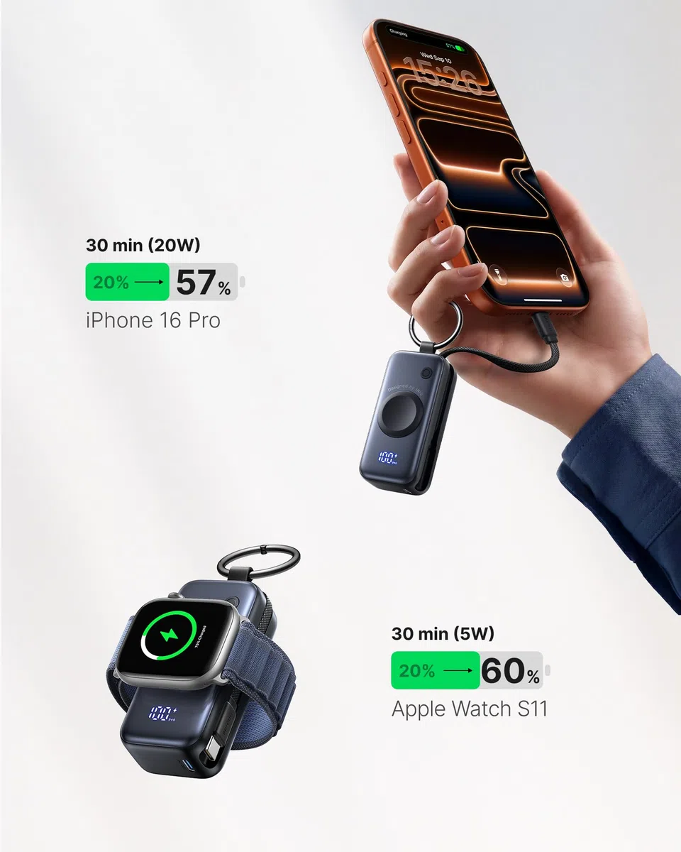 INIU Power Bank, Mini Powerbank für Apple Watch and iPhone mit USB-C Kabel, 5000mAh 20W Tragbare Externe Handyakkus, Uhrenständer Reise Gadgets Flugzeug für Apple Watch Ultra 11 10 9 SE, iPhone 17 16
