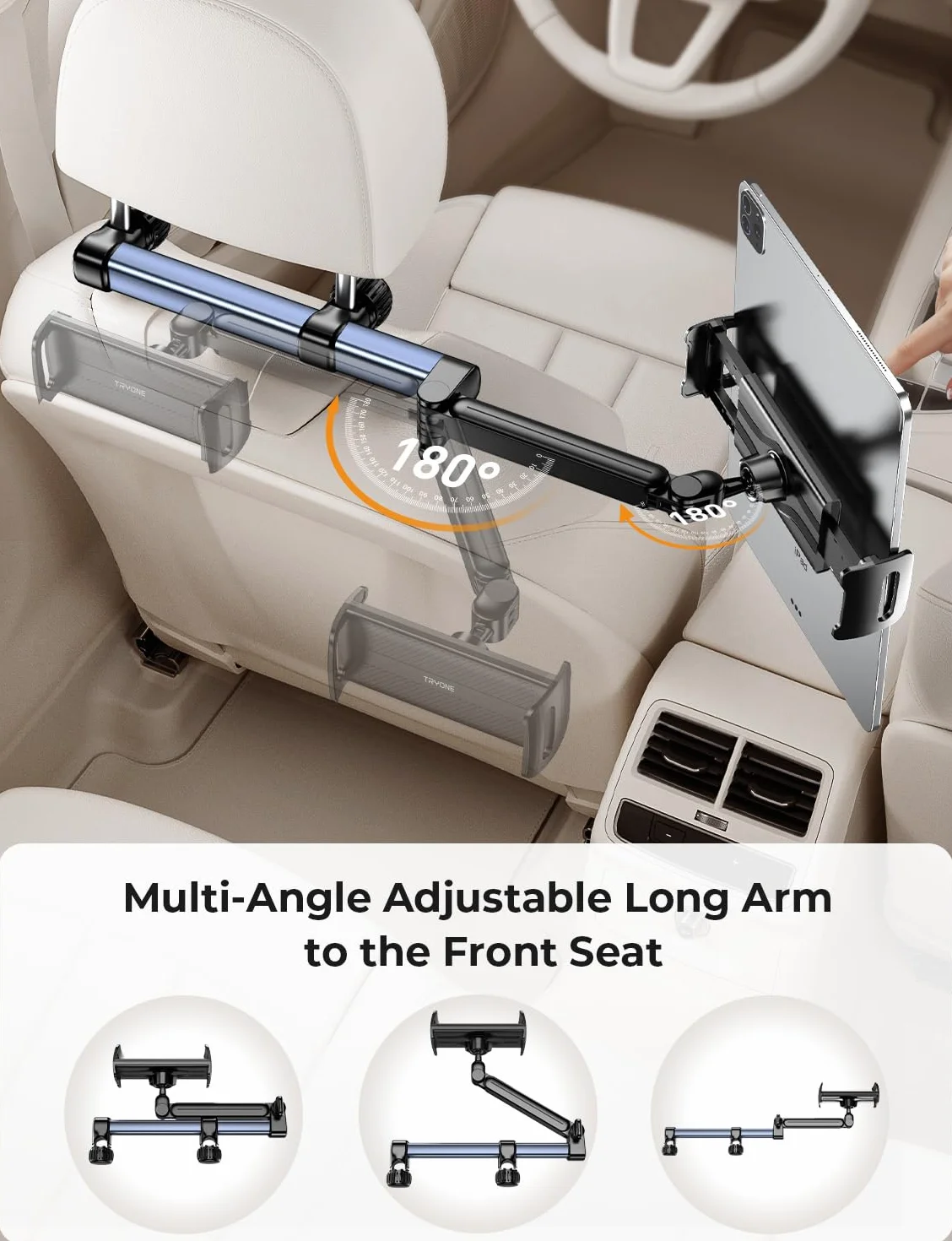 TRYONE Tablet Halterung Auto Kopfstütze - [46cm Langarm] [3 in 1 Ausziehbare] KFZ Tablethalterungen Reise Zubehör für Kinder, Autohalterung für iPad für Sumsung Tab/Switch/Handys & 4,7-13 Zoll Geräte
