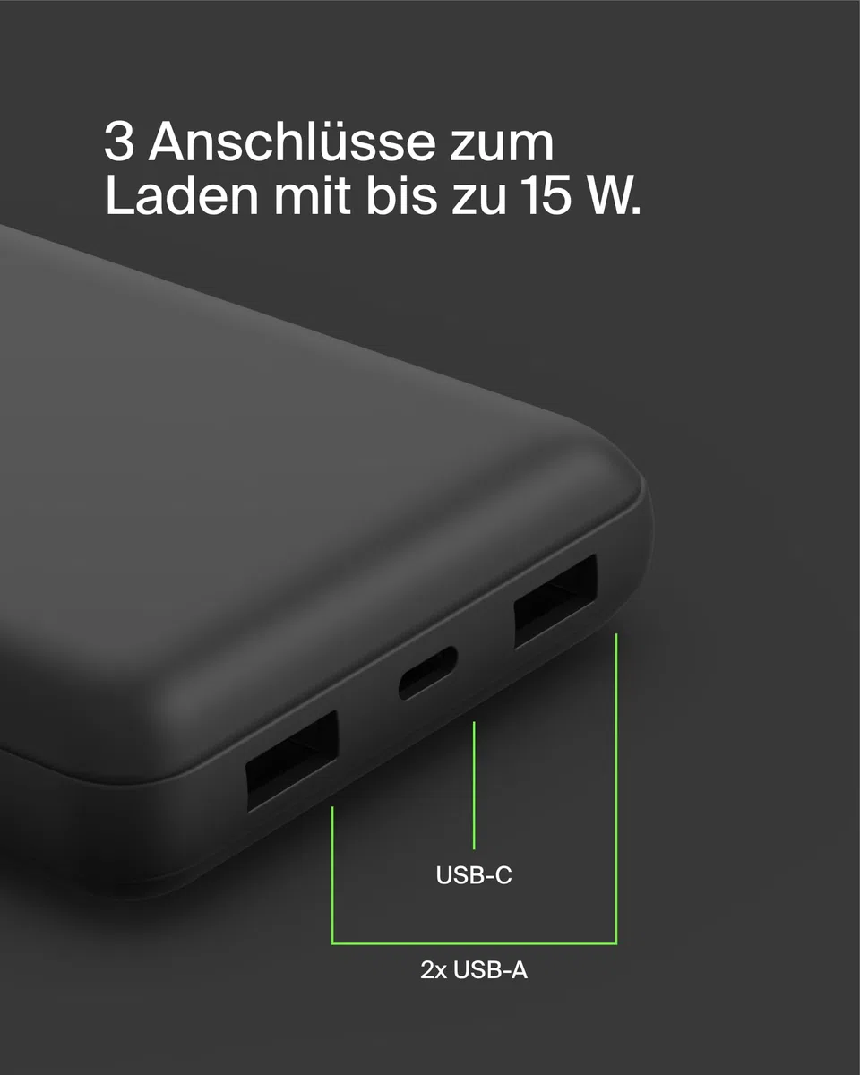 Belkin tragbares -Ladegerät, 20.000mAh, 20K Powerbank mit -Ein-/Ausgang und 2 USB-A-Anschlüssen mit USB-C/USB-A-Kabel für iPhone, Galaxy, Pixel, iPad, AirPods und andere Geräte – Schwarz