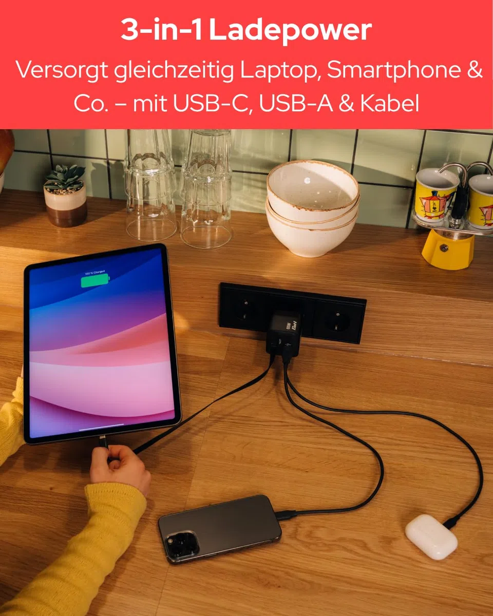 Verbatim GaN Charger 65 W 2-Port USB-C Ladegerät mit ausziehbarem USB-C Kabel, USB-C und USB-A Power Adapter, Schnellladegerät für Apple iPad, iPhone, Samsung & Co, Travel Adapter für EU, UK, USA