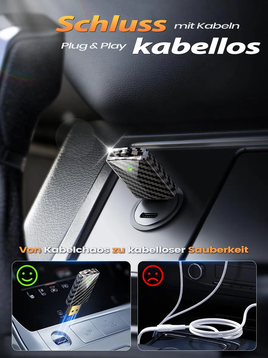 Mini CarPlay Wireless Adapter für Apple iPhone, Android Auto Wireless Adapter mit Auto GPS Navigation, Karbonfaser Design, Metall USB-A/C, Schnell & Stabil, Kompatibel mit iPhone (iOS 10+)/Android 10+