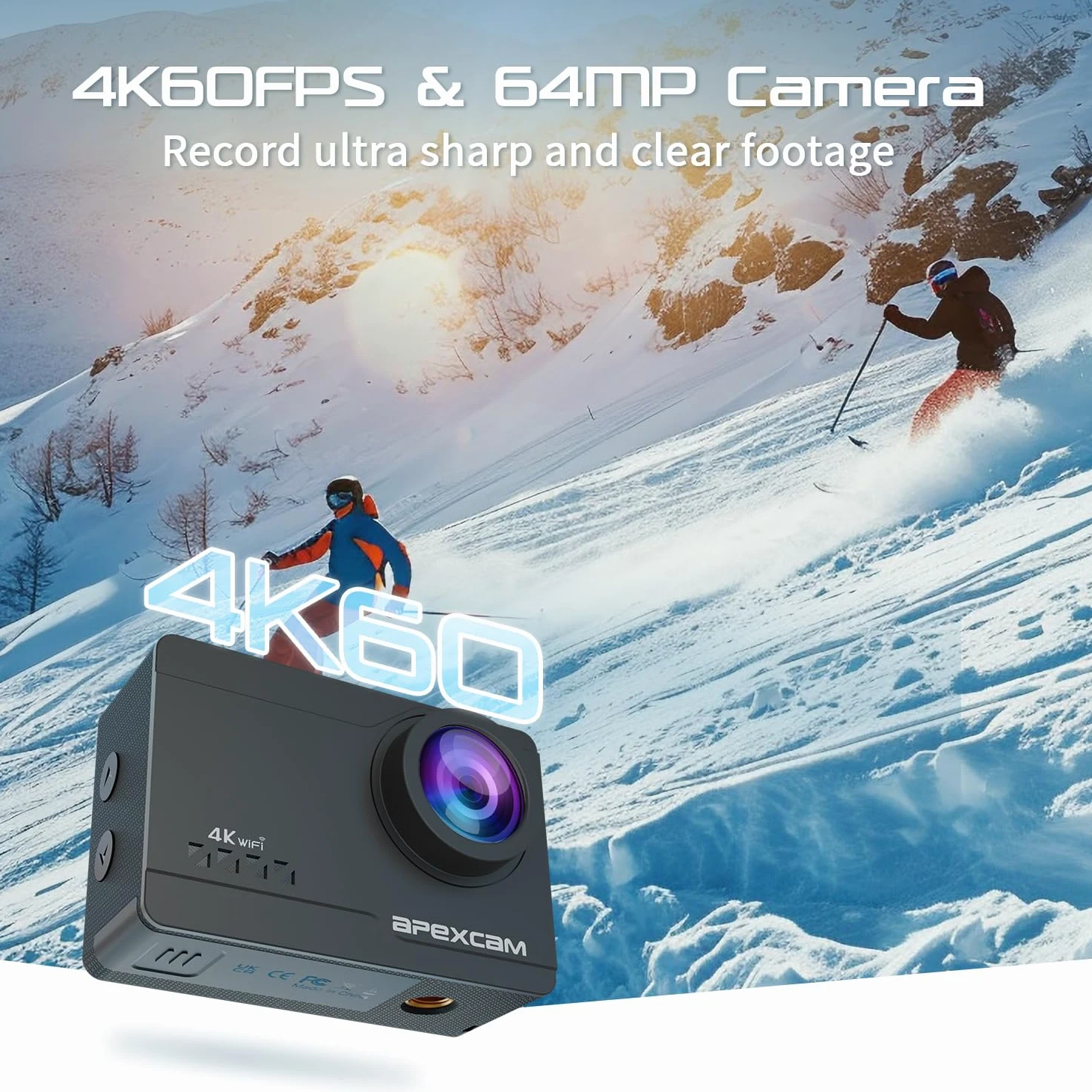 Apexcam M90 Action Cam 4K60FPS 64MP WLAN EIS Bildstabilisierung Sportkamera 40m Wasserdicht 8X Zoom 2.4G Fernbedienung 2x1350mAh Akkus