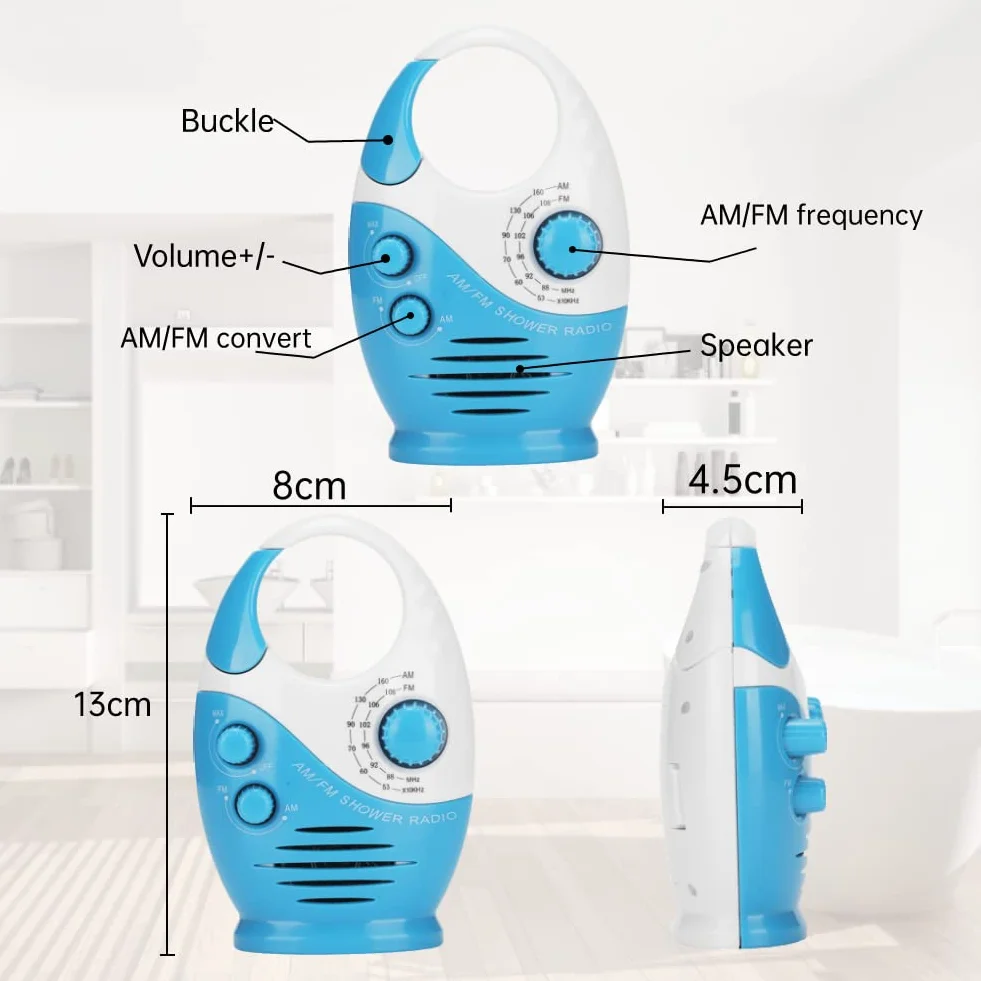 Yunseity Wasserdichtes Duschradio, Tragbares AM-FM-Radio mit Hakendesign, Batteriebetriebenes Radio, Eingebauter Lautsprecher, für Badezimmer, Küche, Außenbereich