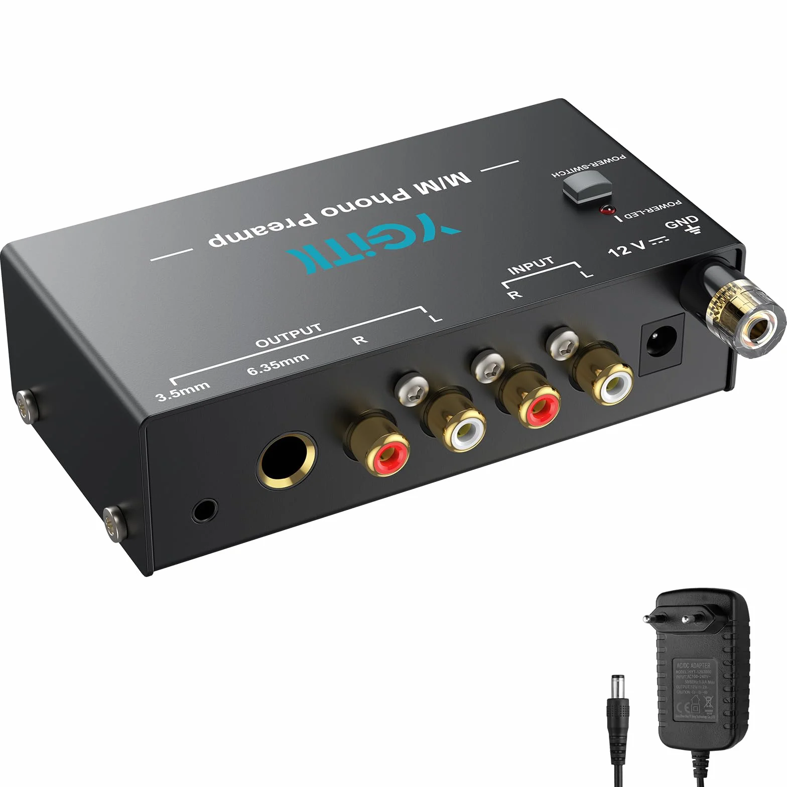 Vorverstärker für Plattenspieler | M/M Phono-Vorverstärker mit Netzschalter | RCA Input & Output Interfaces | DC-12V Zertifiziertes Netzteil | Wenig-Lärm Betrieb | Kompaktes Gehäuse