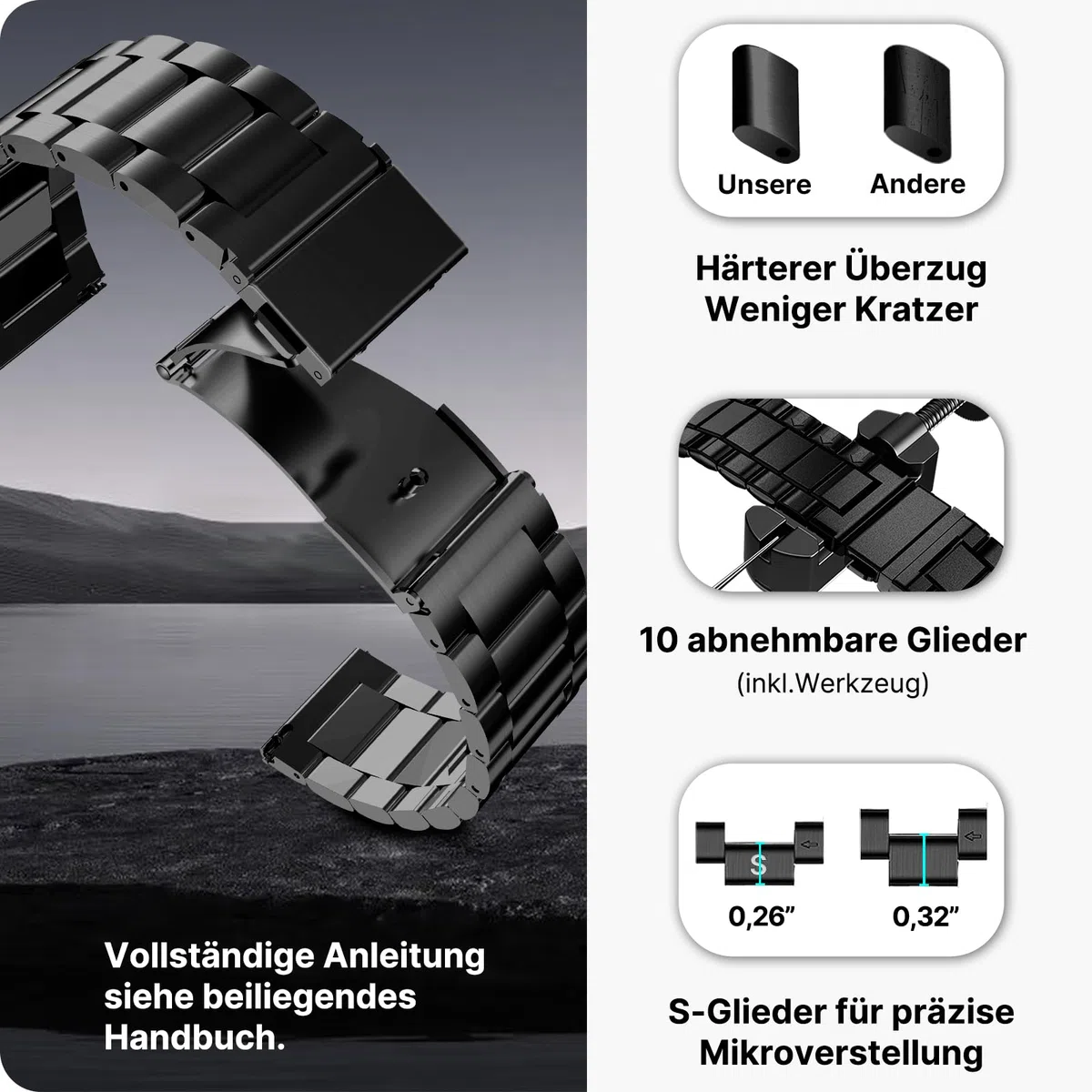 Fullmosa Edelstahl Uhrenarmband 22mm 16mm 18mm 19mm 20mm 24mm für Uhr und Smartwatches| Wechsel Ersatz Metallarmband mit Schnellverschluss für Damen&Herren, 22mm Schwarz