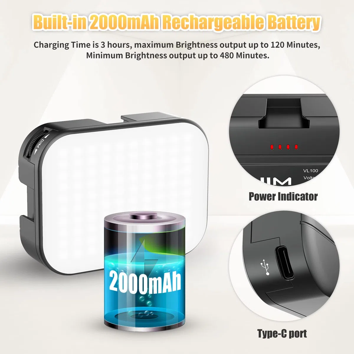 ULANZI VL100C LED Videoleuchte mit 2000mAh Akku, CRI95+ Kameralicht 2500K-6500K dimmbar, Cold Shoe Mount & USB-C Schnellladung für YouTube, TikTok Live, Portraitfotografie