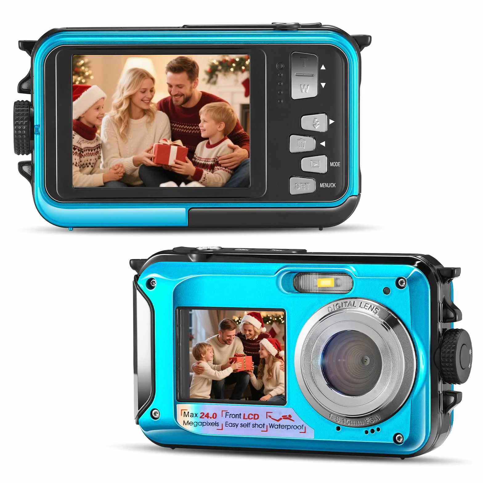 Unterwasserkamera, Full HD 2.7K 24MP wasserdichte Digitalkamera, 10FT wasserdichte Kompaktkamera,16X Digitalzoom Autofocus, Anti-Shake Digitalkamera für Kinder Teenager Anfänger