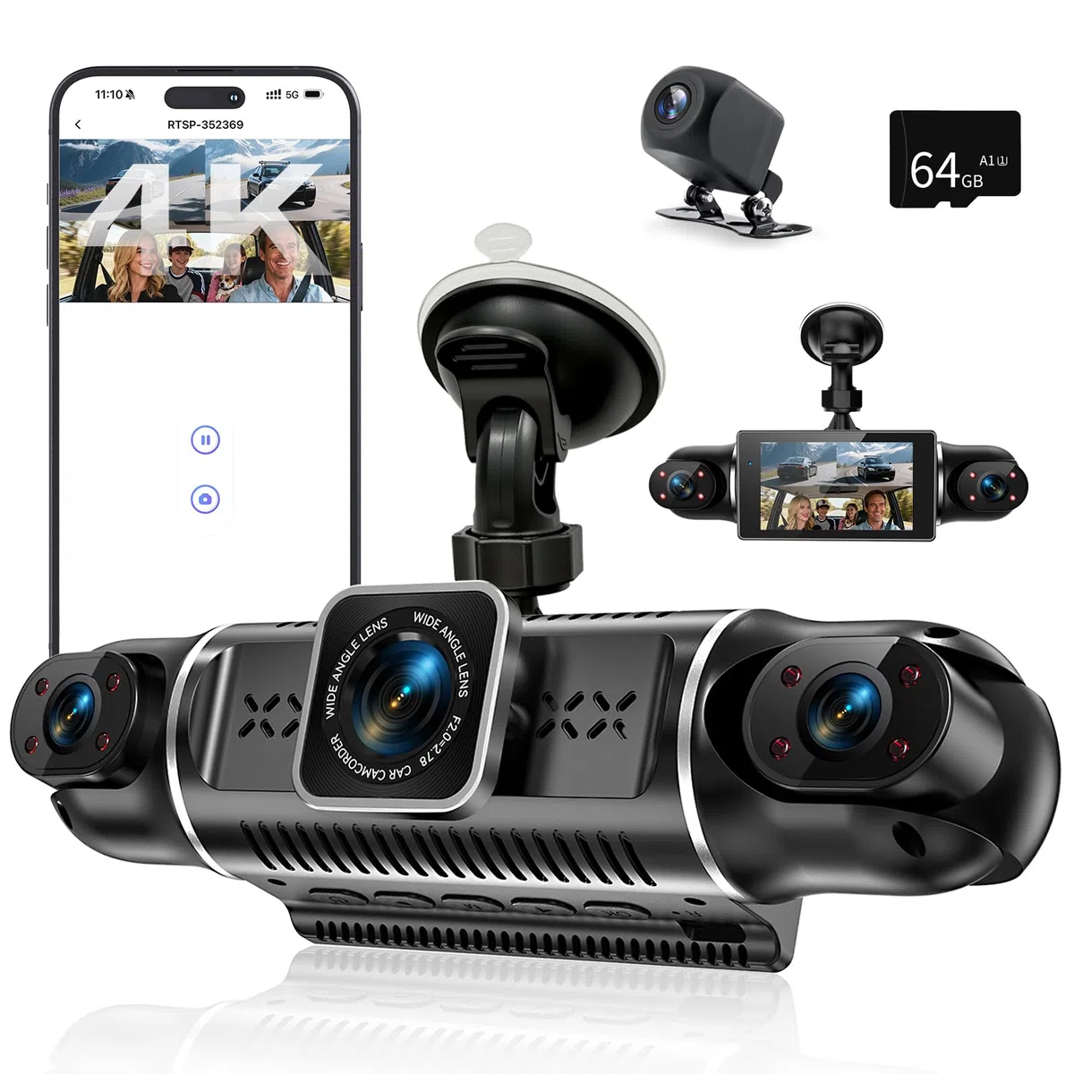4K Dashcam Auto vorne hinten 4 Kanal mit 3" IPS-Bildschirm, 64-GB-Karte, Parküberwachung, WDR-Nachtsicht, G-Sensor, Loop-Aufnahme