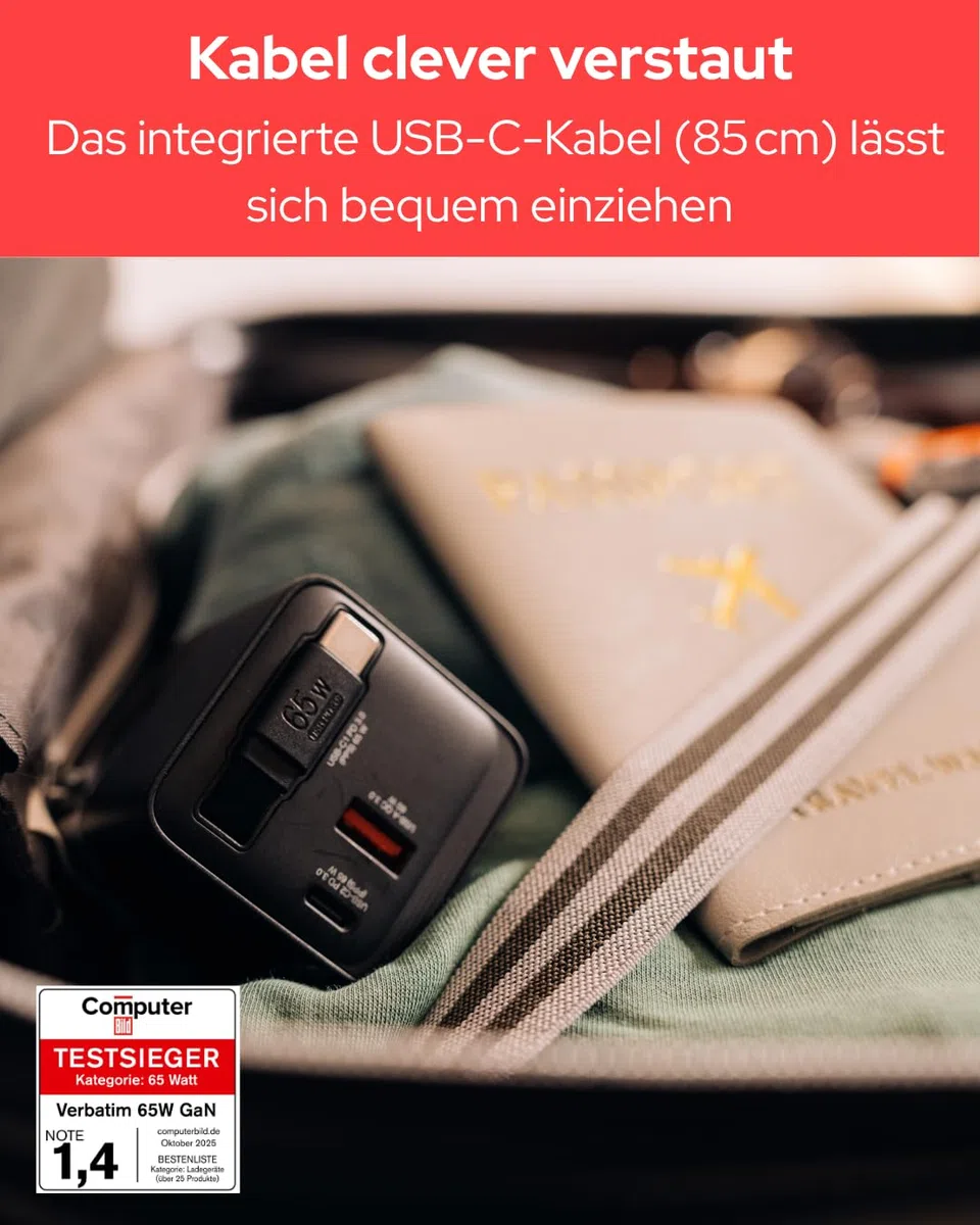 Verbatim GaN Charger 65 W 2-Port USB-C Ladegerät mit ausziehbarem USB-C Kabel, USB-C und USB-A Power Adapter, Schnellladegerät für Apple iPad, iPhone, Samsung & Co, Travel Adapter für EU, UK, USA