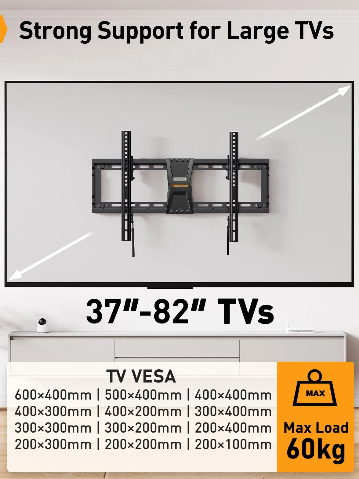 Perlegear TV Wandhalterung Neigbar für 37-82 Zoll Flach- und Curved-Fernseher (bis 60 kg, VESA 600x400mm) – Universelle TV Halterung mit Verstellbaren Zugschnüren, Model PGLT5