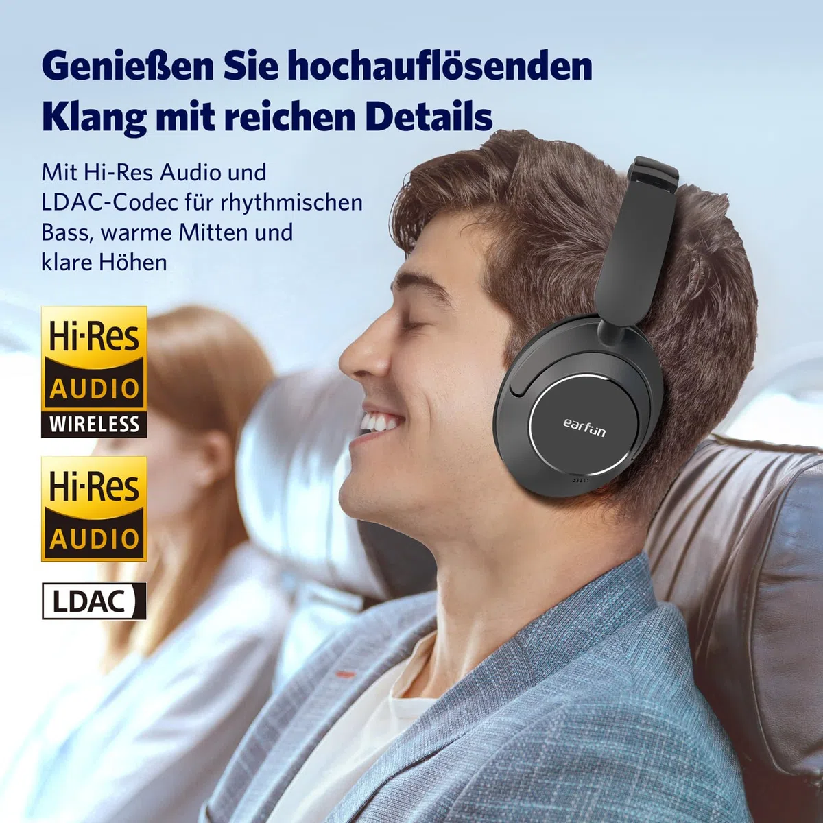 EarFun Wave Pro Over Ear Kopfhörer Kabellos Bluetooth, Hybrid Aktive Noise Cancelling, Hi-Res Audio, LDAC, 80 Std Akku, Bequemer Halt, 5 Mikrofone Kristallklare Anrufe, Bluetooth Multipoint, EQ in App