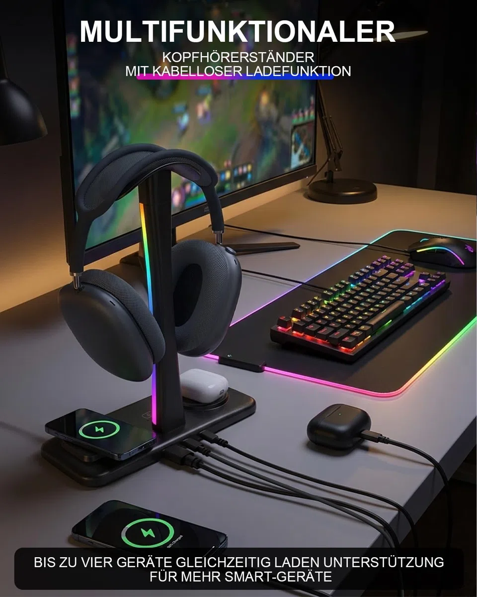 Trongle 3 in 1 RGB Gaming Kopfhörer Ständer mit 15W Wireless Ladegerät, Gaming-Headset-ständer Headset Halterung Wireless Charge Kopfhörer Halter mit 1*USB 2*Typ-C 10 Lighting Effects Modes Schwarz