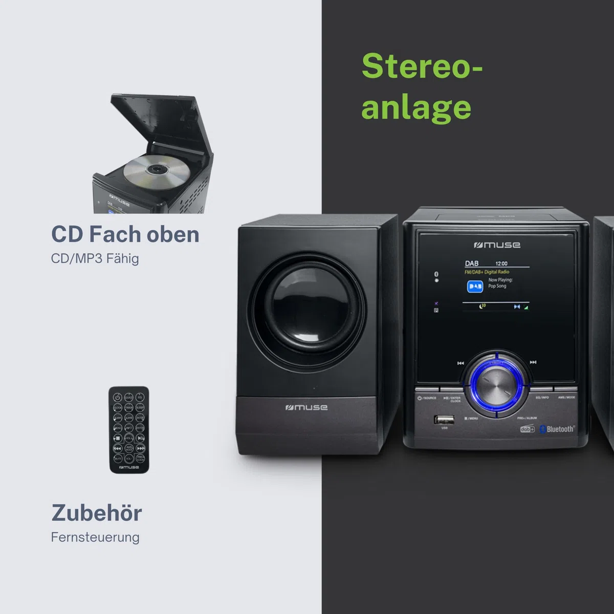 MUSE Stereoanlage, Kompaktanlage mit CD-Player & DAB Radio, Mini Stereoanlage mit 2 Lautsprecher, Musikanlage mit FM/DAB+ Digital-Radio, Bluetooth & AUX, MP3 & Spotify, Musik-Anlage Kompakt