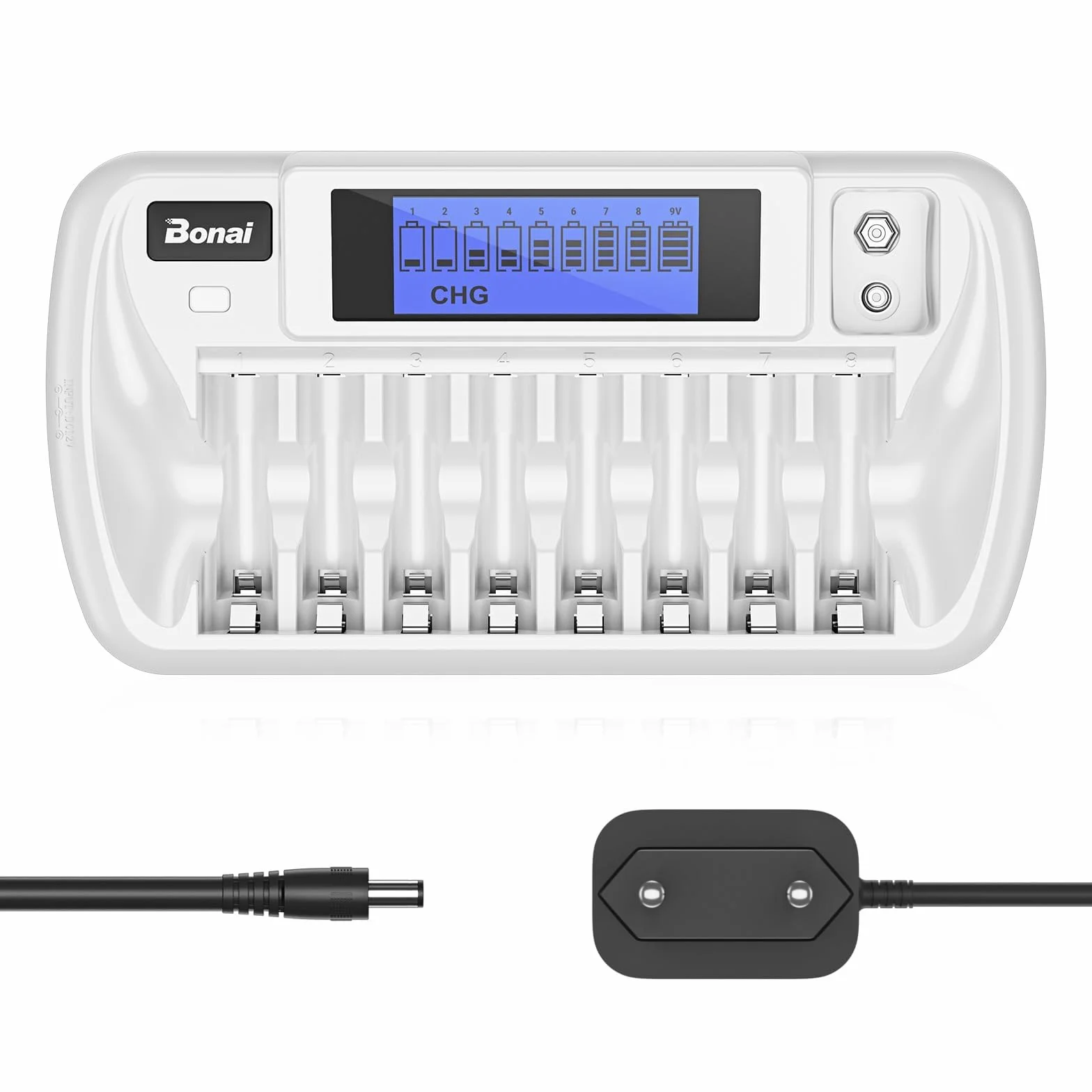 BONAI Intelligentes Ladegerät für AA AAA NI-MH Akkus und 9V Block, 9 unabhängige Ladeschächte, Batterieladegerät mit LCD-Display, Ladestation für wiederaufladbare Batterien