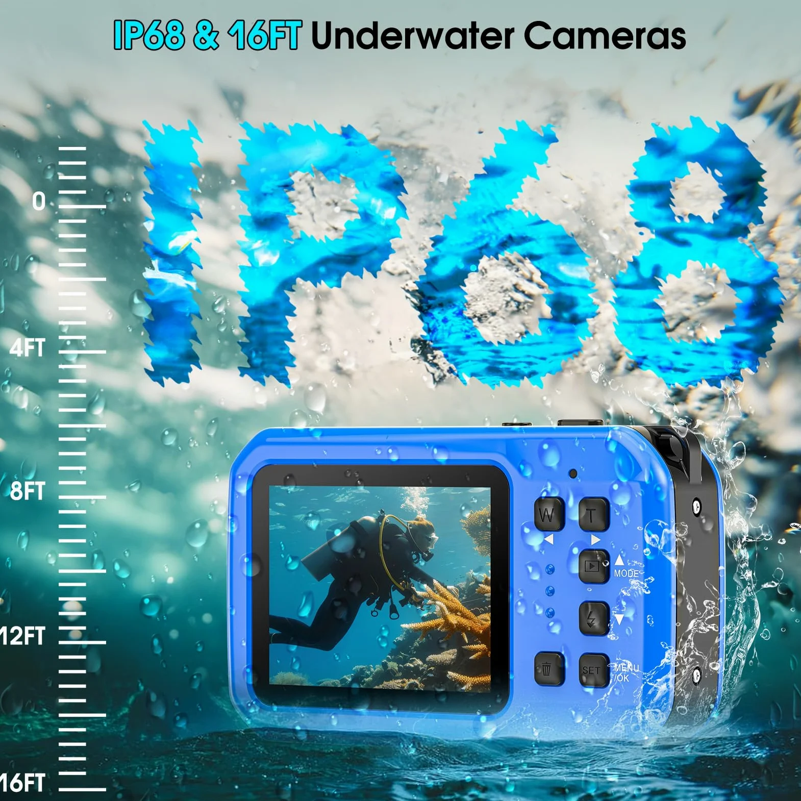 Unterwasserkamera 4K UHD, 64MP Autofocus Digitalkamera wasserdichte mit 32GB Karte, IP68 & 16FT Unterwasserkamera mit IPS HD Bildschirme, 16X schwimmfähig Digitalzoom, Aufhelllicht, zum Schnorcheln