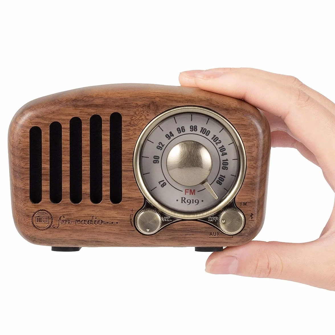 PRUNUS J-919 UKW FM Klassisches-Holz Retro Radio Klein, Tragbares Radio mit Bluetooth Lautsprecher, Nostalgie Radio mit AUX/SD-Funktion, 1800mAh Wiederaufladbare Batterie. (Walnußholz)