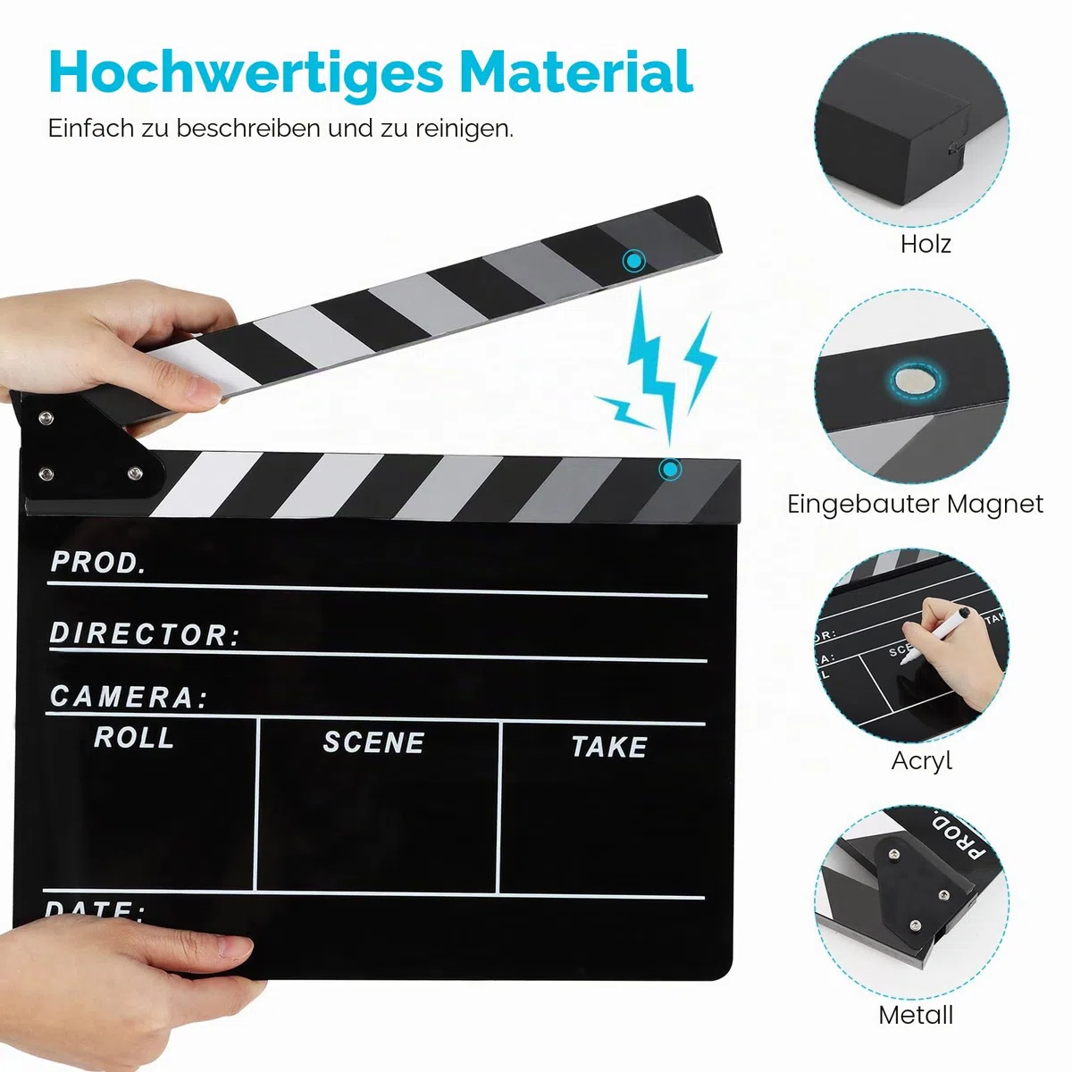 Filmregisseur Schindelplatte, Schiefer Fotografie, Video, TV Cut Action Szene Acryl Klöppel Board Requisiten mit einem magnetischen Tafelradierer, zwei benutzerdefinierten Stiften,
