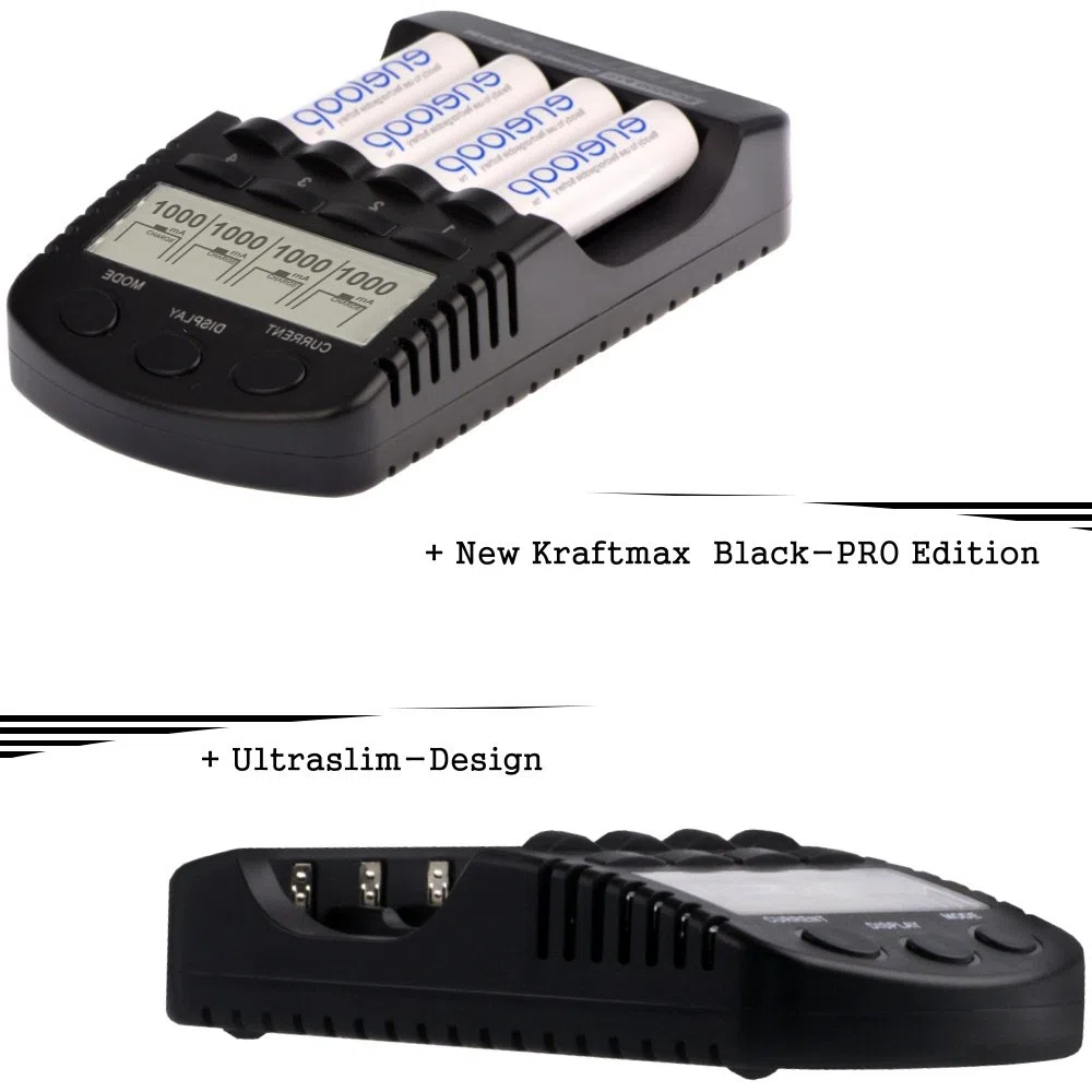 Kraftmax BC-4000 Pro Ladegerät – Mikroprozessor gesteuertes Schnellladegerät für AA/AAA NiMH Akkus – LCD-Display, USB-Anschluss, Entlade- & Refresh-Funktion – Hochleistungs Akku-Lader