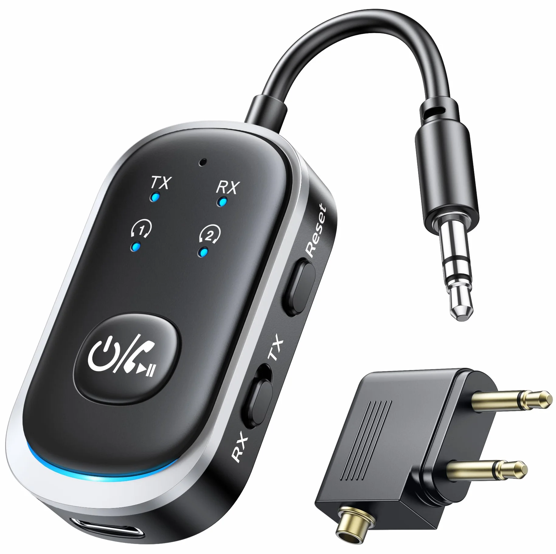 Mohard 2 in 1 Bluetooth Transmitter & Empfänger, AUX Bluetooth Adapter Klinke 3.5mm für Auto/TV/Stereoanlage, 5.3 Flugzeug Sender Splitter Patchkabel-Adapter für 2 Kopfhörer