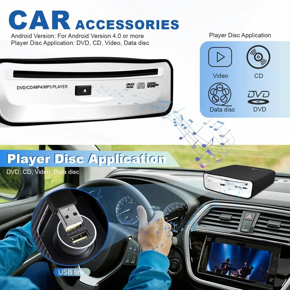 CD/DVD Player Auto Extern, Tragbarer CD Player Auto Radio DVD Player mit USB-Anschluss, CD/DVD-Dish Box Player Stereoanlage, für Android Autoradio, Laptop & Fernseher, Universell