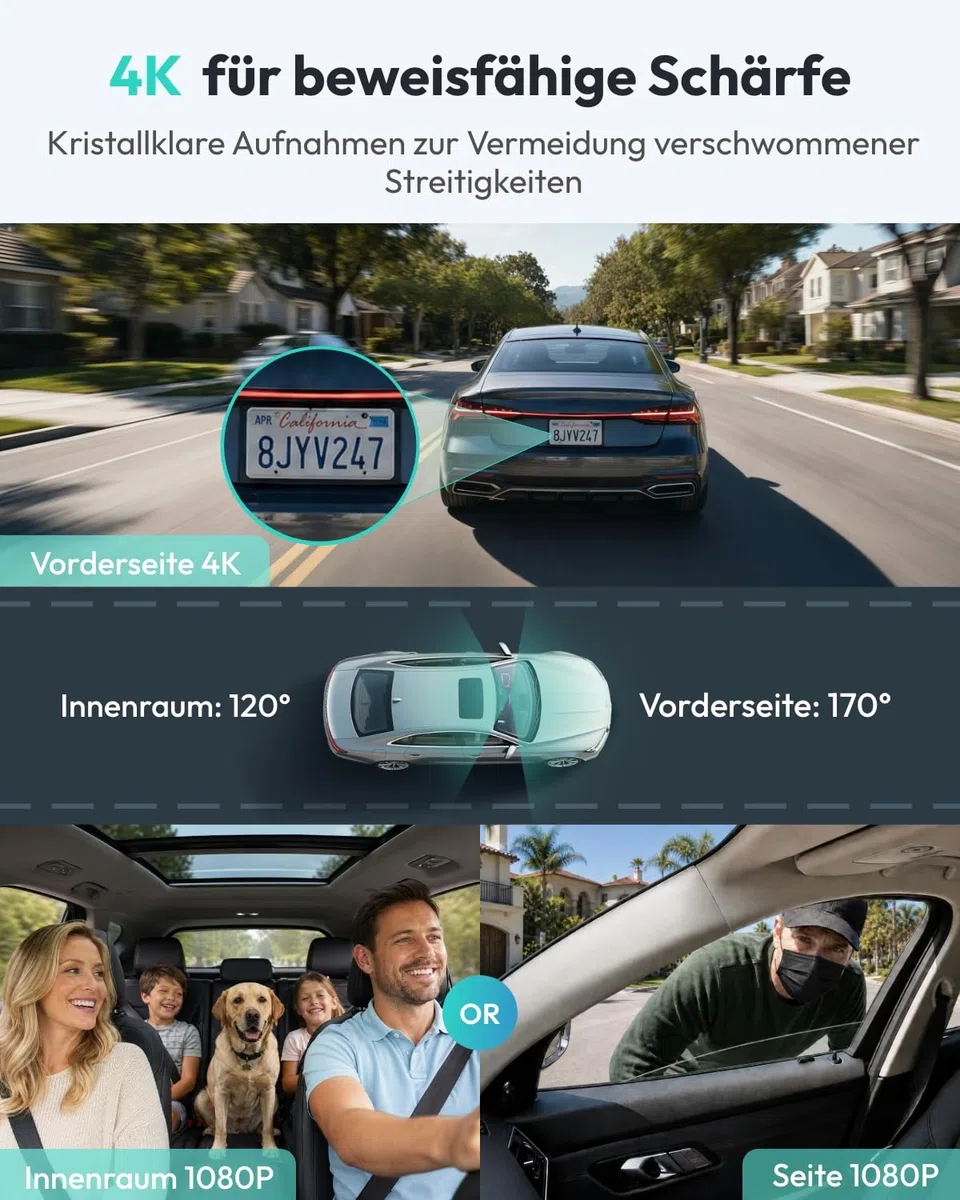 BOTSLAB Dashcam Auto Vorne Innen 4K+1080P Dual Kamera mit Super IR Nachtsicht 3,18" IPS-Touchscreen App & Sprachsteuerung 5,8 GHz Wi-Fi GPS 24/7 Parküberwachung G-Sensor 512 GB Max