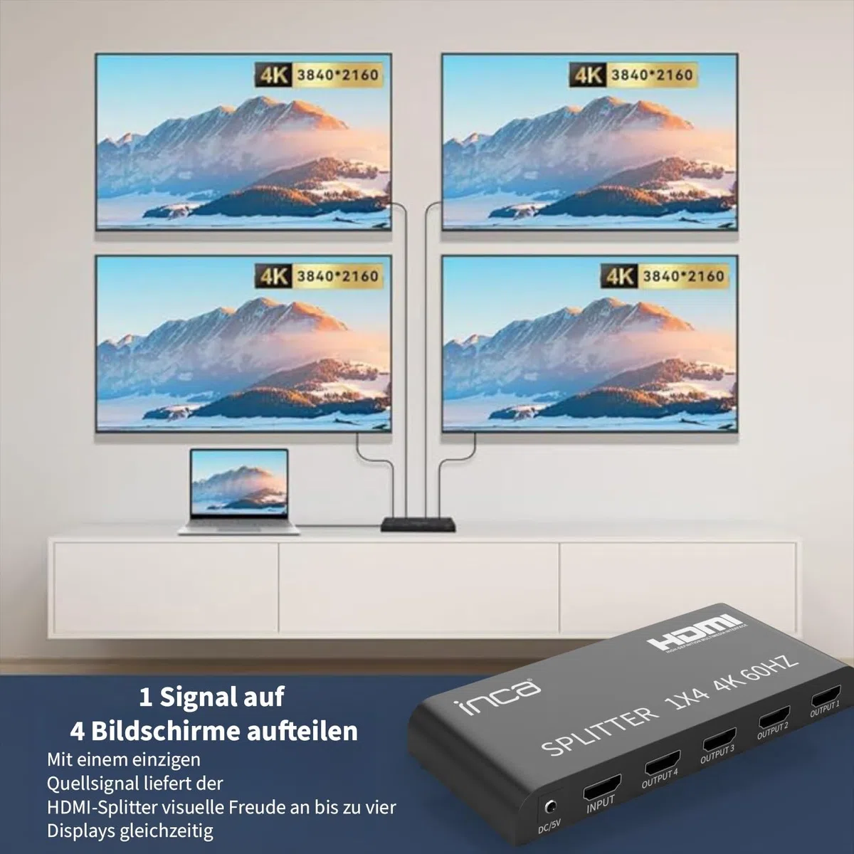 inca IHSK-460, HDMI Splitter, 1 In 4 Out 4K@60Hz, HDMI 2.0, HDCP 2.2, HDR & 3D, 1x4 Splitter, 4 Port für PS5, Xbox, Fire TV, Beamer