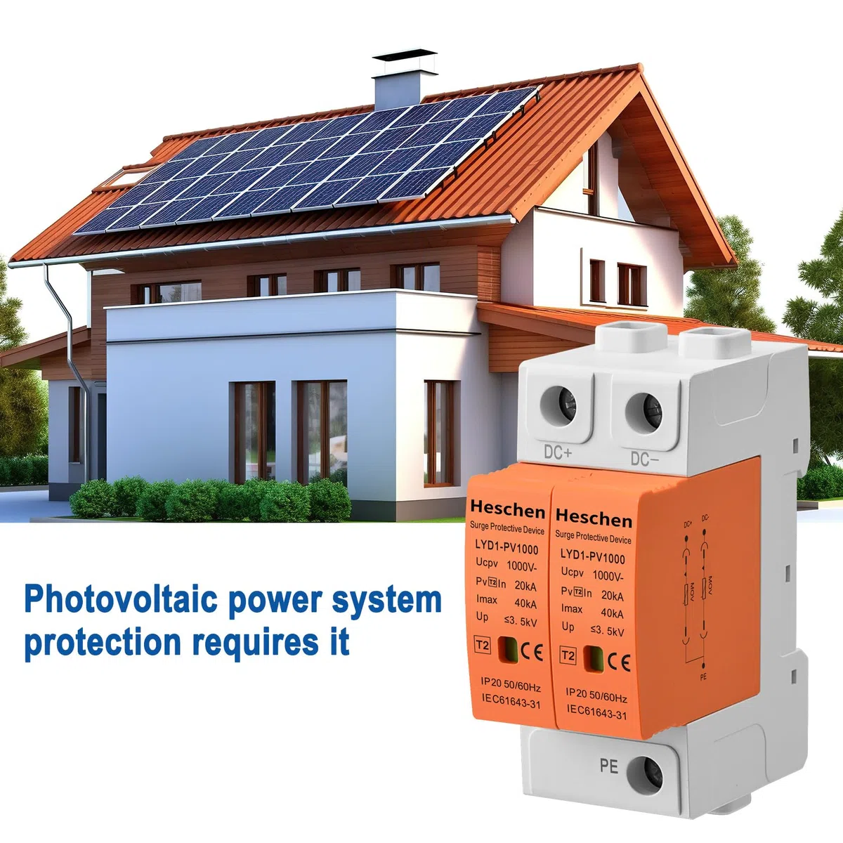 Heschen 1 Stück Überspannungsschutz, LYD1-PV1000, Typ2 1000VDC 20KA 2P, DC Ableiter, 35mm DIN-Schienenmontage,Breite Anwendungsmöglichkeiten für Photovoltaiksysteme