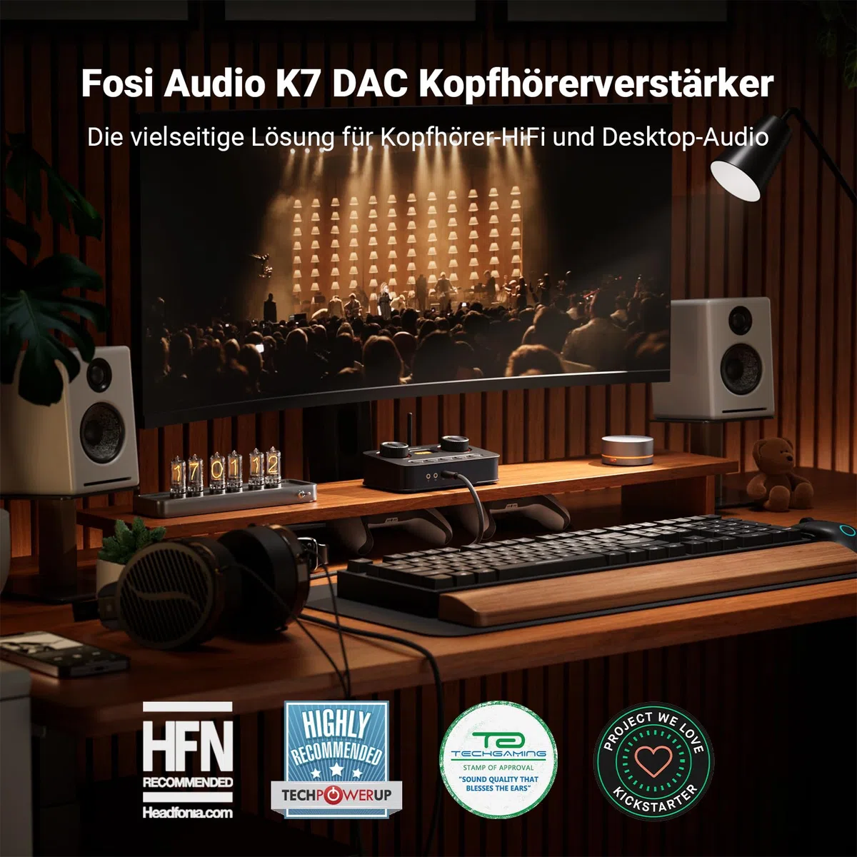 Fosi Audio K7 DAC Kopfhörerverstärker, USB-C-Digital-Analog-Audio-Konverter für Gaming-PC PS5, optischer/koaxialer/Bluetooth aptX HD LL-/Mikrofoneingang, 3,5 mm/4,4 mm symmetrischer/RCA-Ausgang