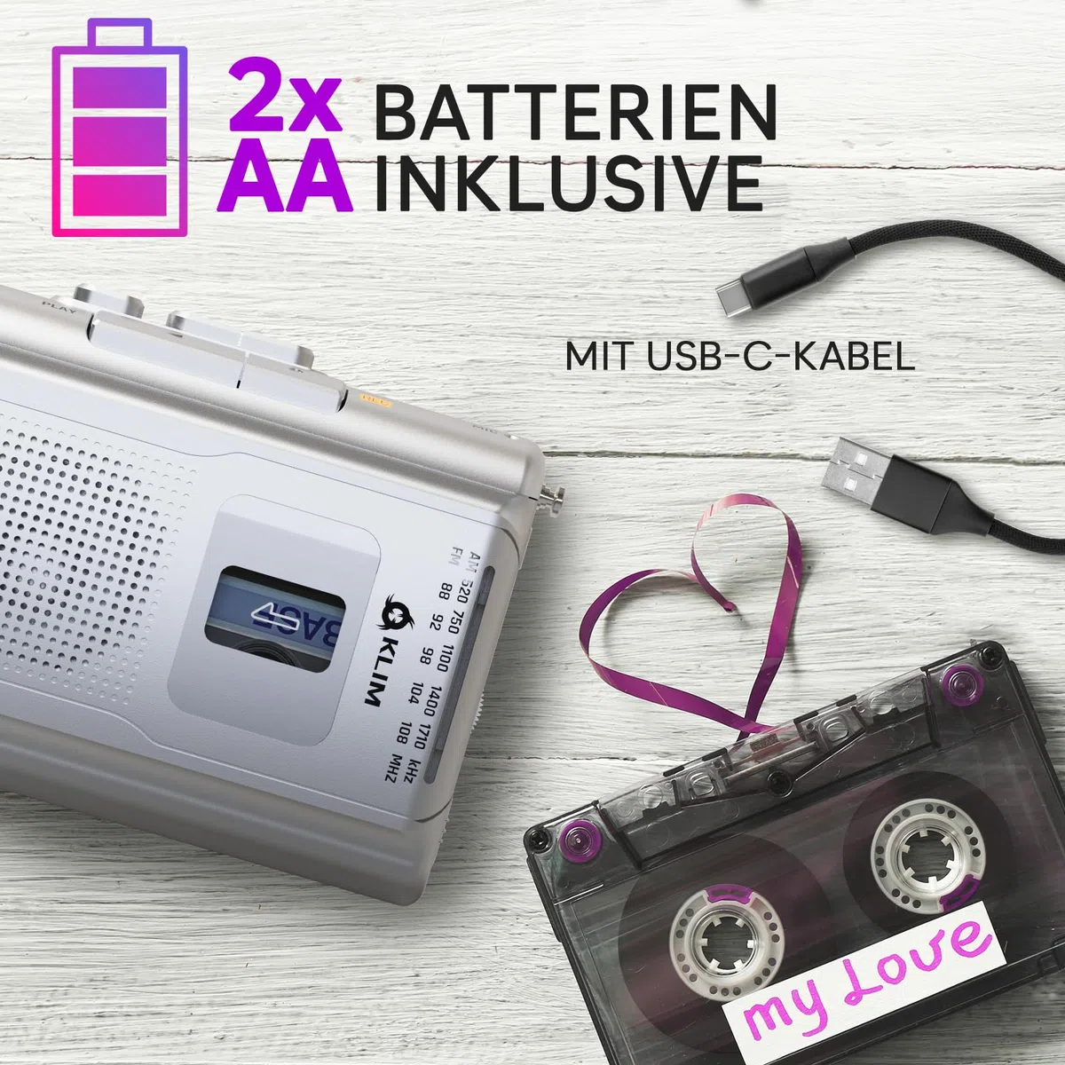 KLIM K8 Kassettenspieler - Kassettenrekorder - NEU Cassette Player - AM/FM Kassettenradio - Eingebautes Mikrofon & Lautsprecher - Kopfhöreranschluss & Ohrhörer - Silber