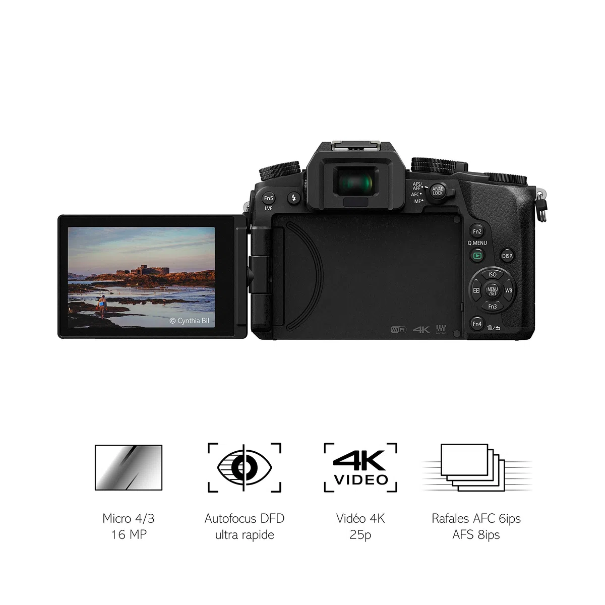 Panasonic Lumix G7 Hybridkamera (Sensor 4/3, 16 MP, OLED-Visier, schwenkbarer Touchscreen, ultraschneller Autofokus DFD, Video 4 K, Foto 4 K, WLAN) Schwarz – französische Version