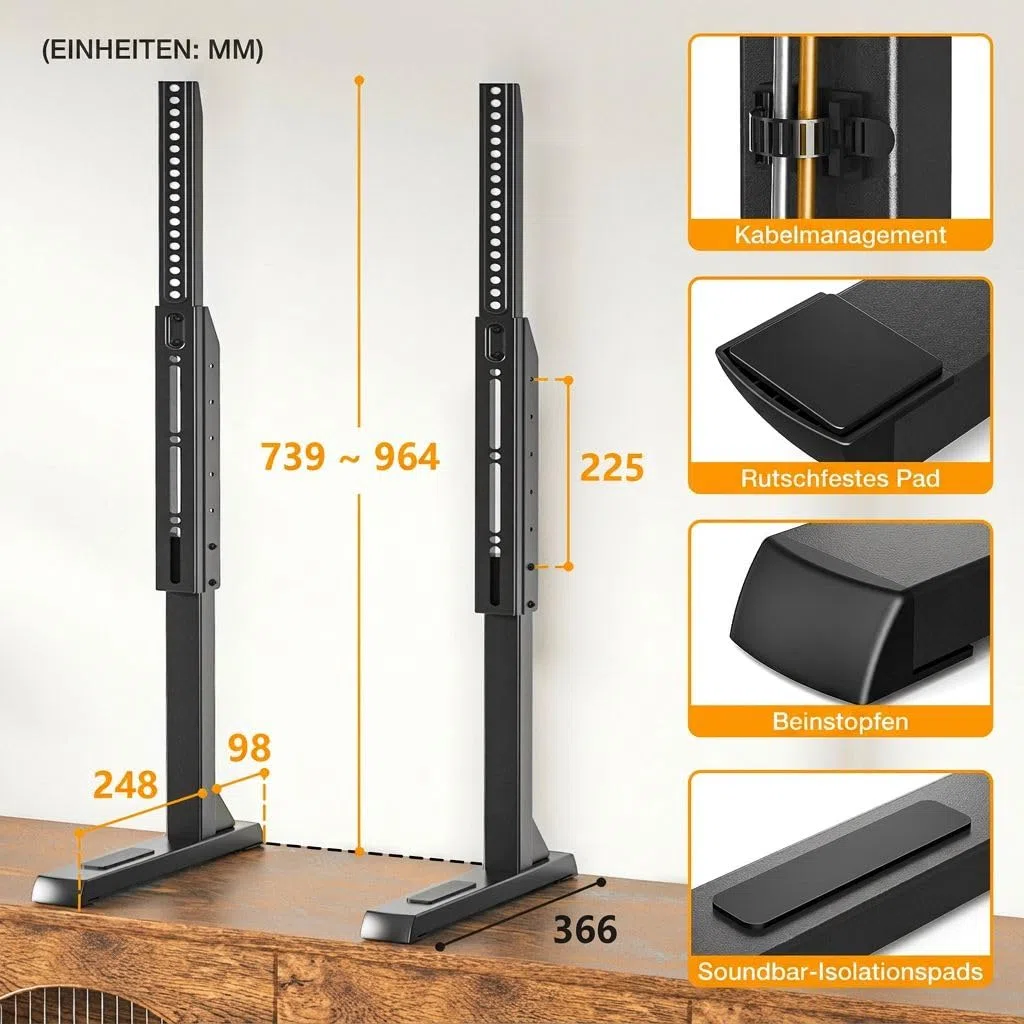 TVON Universal Großer TV Ständer TV Standfuss Fernseher Standfüße Beine Höhenverstellbar für 37 zu 86 Zoll Fernseher Max. 68 KG VESA 800x600 mm