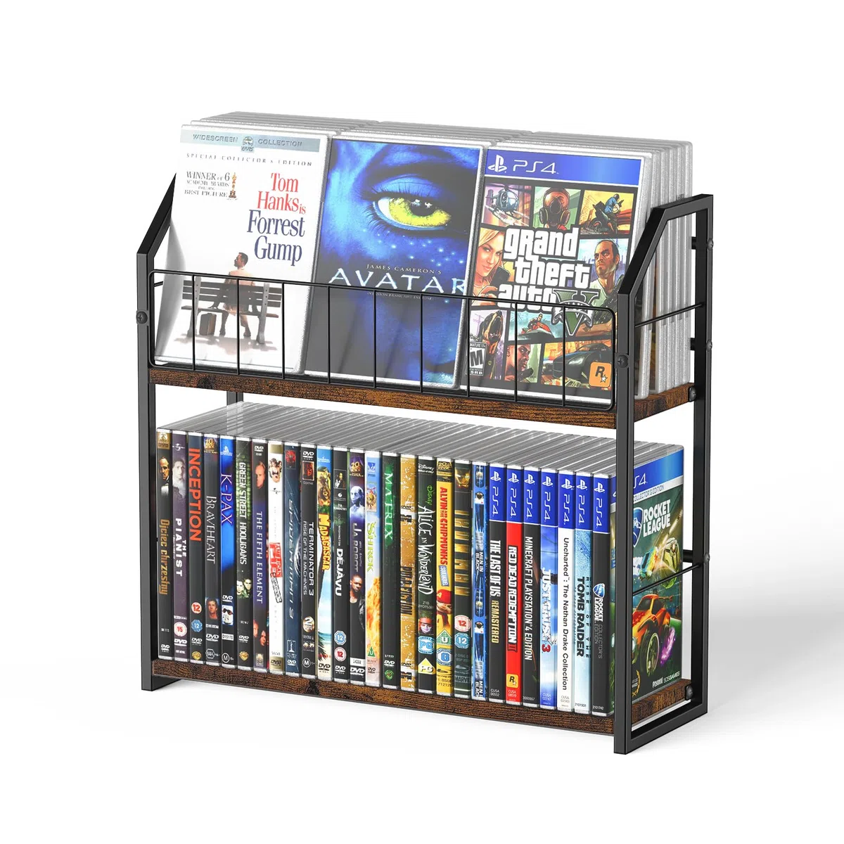 TJ.MOREE 2-stöckiges DVD-Rack mit 56 Ebenen und Schallplattenaufbewahrung, industrieller Retro-Kohlenstoffstahl/Holz, platzsparender Schreibtisch-Organizer