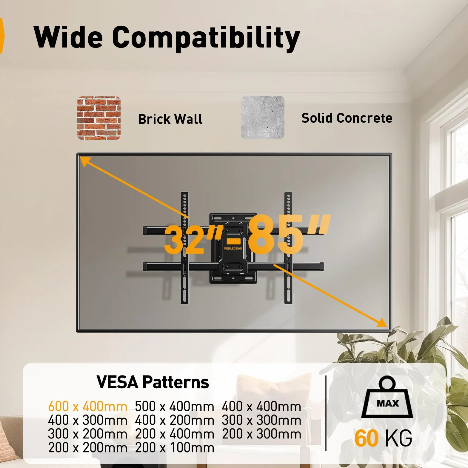 Perlegear TV Wandhalterung für 32-85 Zoll TVs bis zu 60 kg, Schwenkbar Neigbar Wandhalterung Fernseher, Fernseher Halterung mit werkzeugfreier Neigung, Max VESA 600x400mm, PGLF6