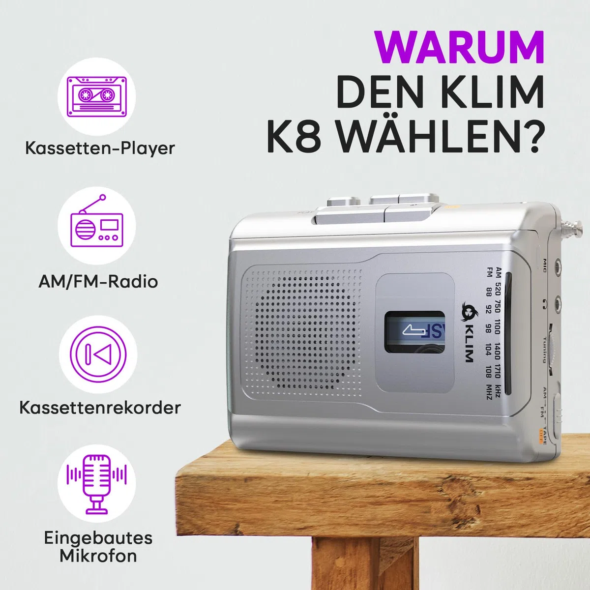 KLIM K8 Kassettenspieler - Kassettenrekorder - NEU Cassette Player - AM/FM Kassettenradio - Eingebautes Mikrofon & Lautsprecher - Kopfhöreranschluss & Ohrhörer - Silber