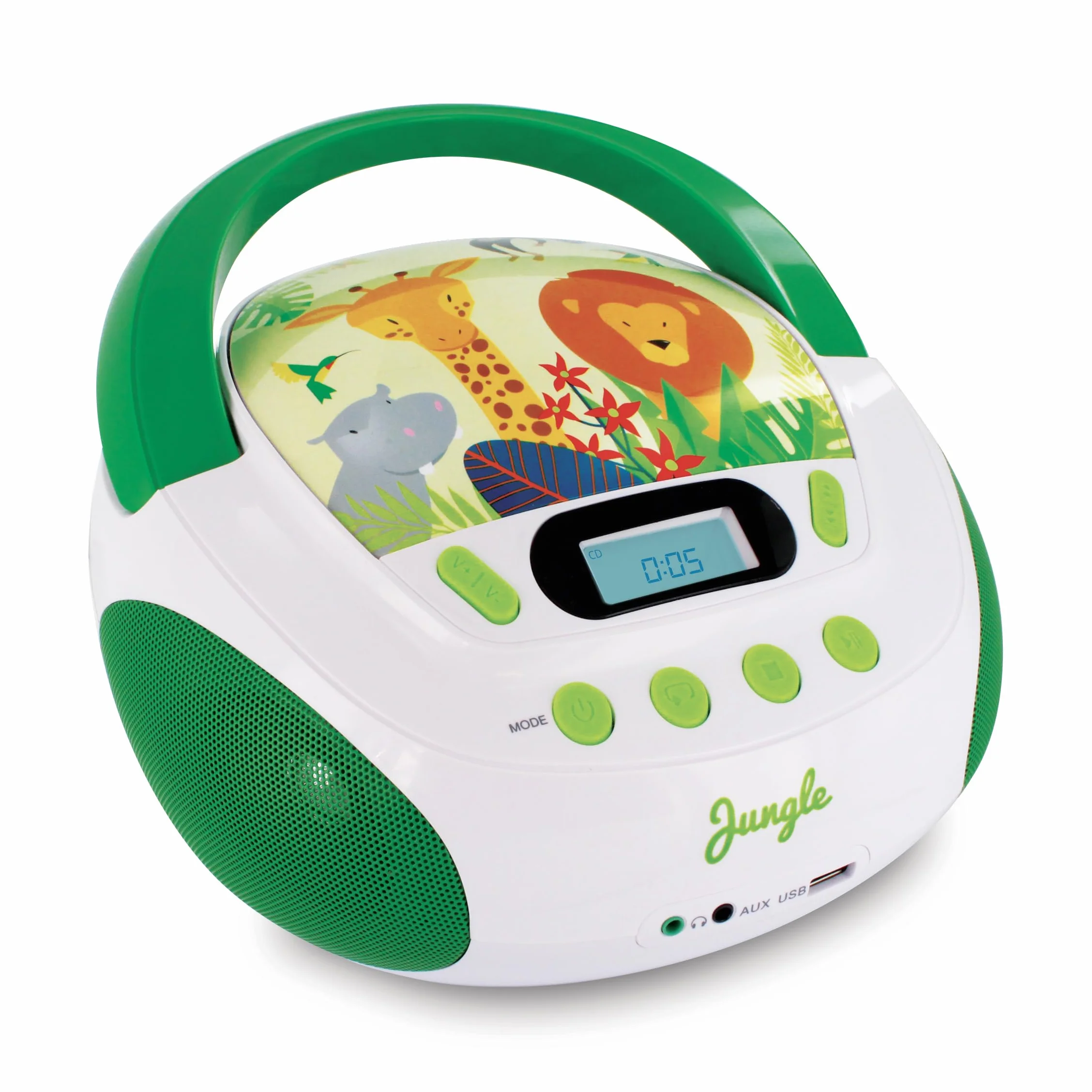 mooov 477144 CD Player für Kinder mit Lautsprechern, USB, Kopfhöreranschluss, AUX-IN-Port - Boombox CD Spieler Tragbar - Netzbetrieb oder Batterien - Modell Jungle - Grün/Weiß