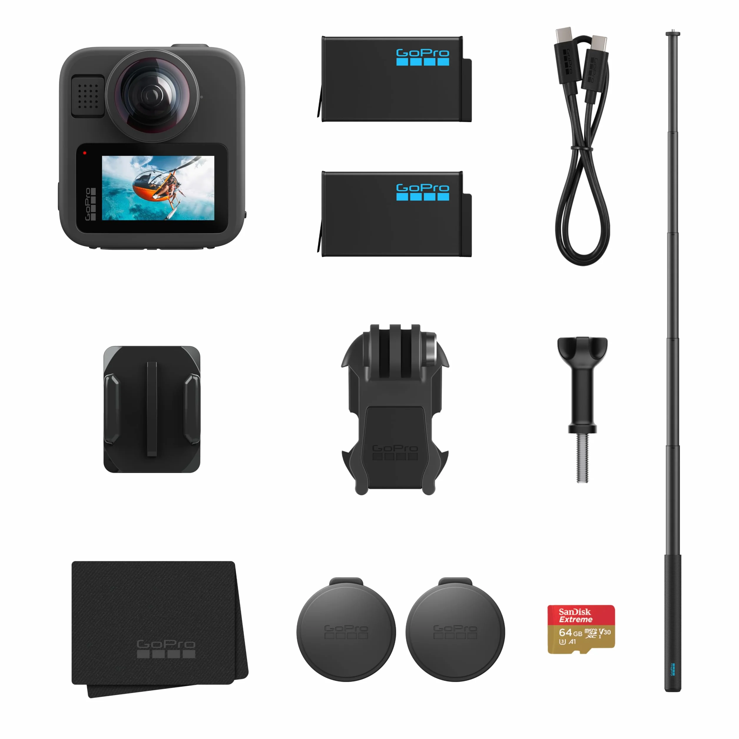GoPro MAX2 Zubehörpaket mit Verlängerungsstange 1,2m, 2 Enduro-Akkus 1960mAh, 64GB SanDisk microSD