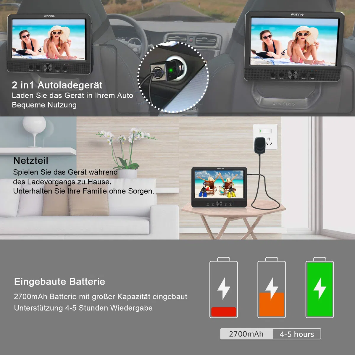 WONNIE Dual 10,5" Auto Tragbarer DVD Player 2 Monitore mit 5 Stunden Rechargble TFT Display Kopfstütze Doppelbildschirm, Unterstützung USB/SD/AV IN/Out