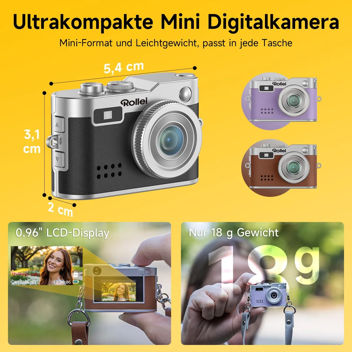 Rollei Minidigitalkamera Vintage Schwarz, 1080P FHD Kleine Retro Digitalkamera mit 0,96 Zoll Farbbildschirm 2MP Daumenkamera Kompakte Fotokamera mit Blitz & Aufzeichnung, Mini-Digital-Kamera-Klein