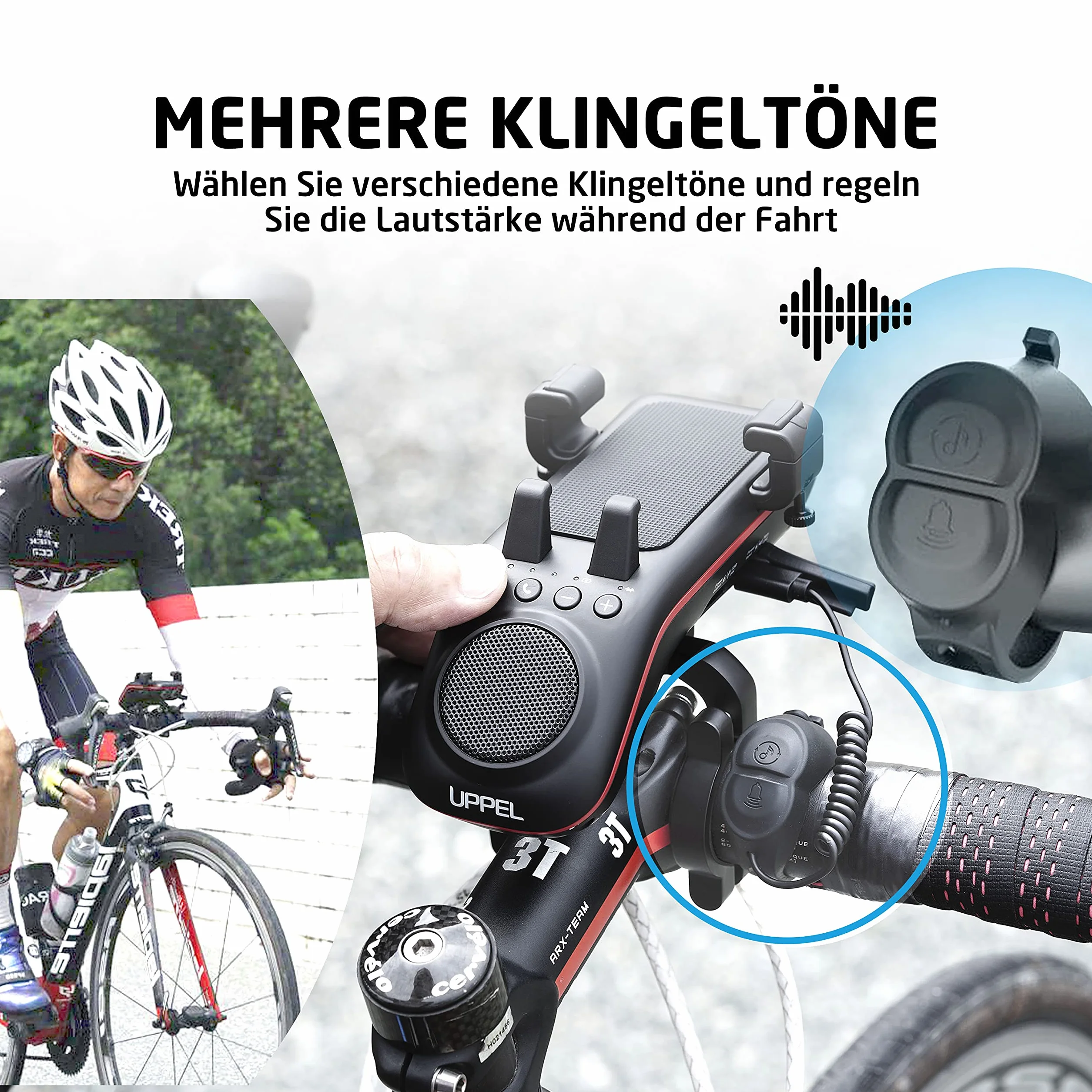 UPPEL Fahrrad Handyhalterung Mit Bluetooth Lautsprecher, 5000mAh Powerbank, Klingel, Mikrofon - 10-in-1 Multifunktional TF/SD/AUX Modus für Extrem & Freizeit Radsport, Mountainbike