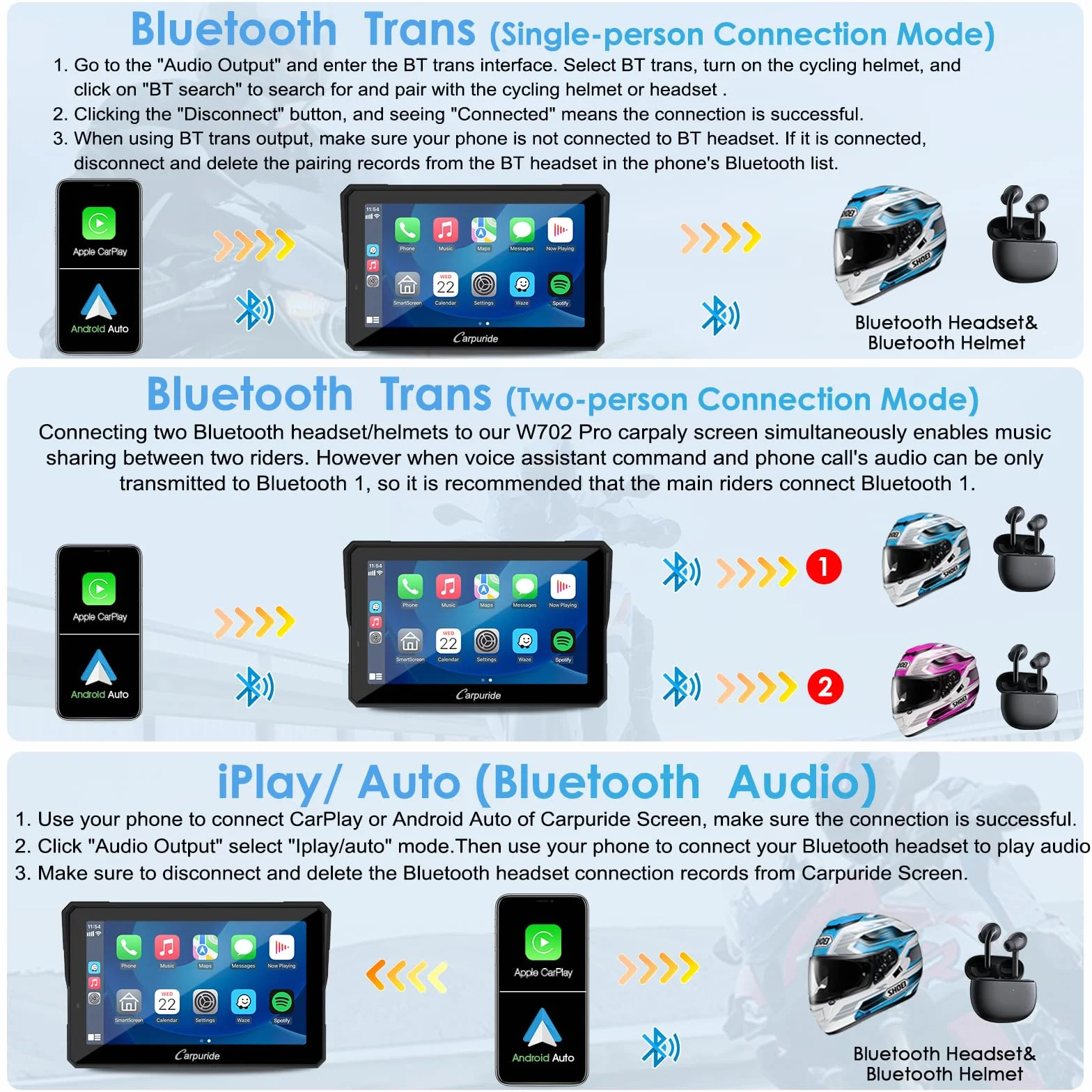 Carpuride W702 Pro Motorrad Carplay Bildschirm mit Gegensprechfunktion, Kabellos CarPlay und Android Auto, Tragbarem Wasserdichtem 7 Zoll Touchscreen, Verbessertem Dual Bluetooth, Navigation, Kompass.