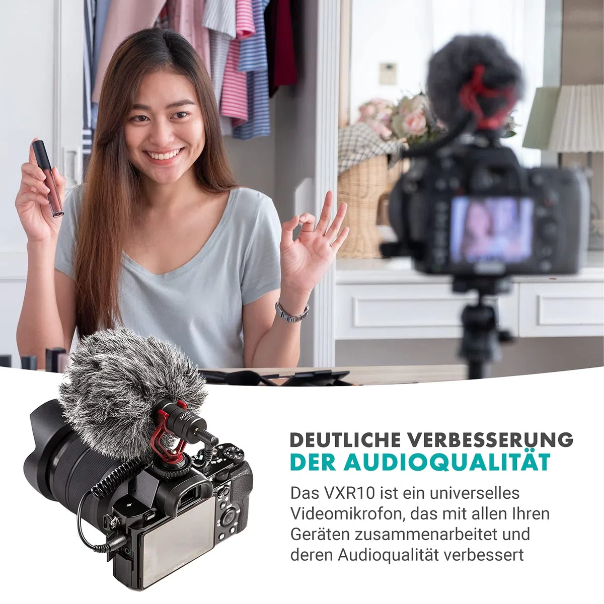Movo VXR10 Universal Videomikrofon mit Vibrationsdämpfer Stoßdämpfer Schockhalterung, Tragetasche, für iPhone, Android Smartphones, Canon EOS, Nikon DSLR- perfektes Kameramikrofon, Richtrohrmikrofon