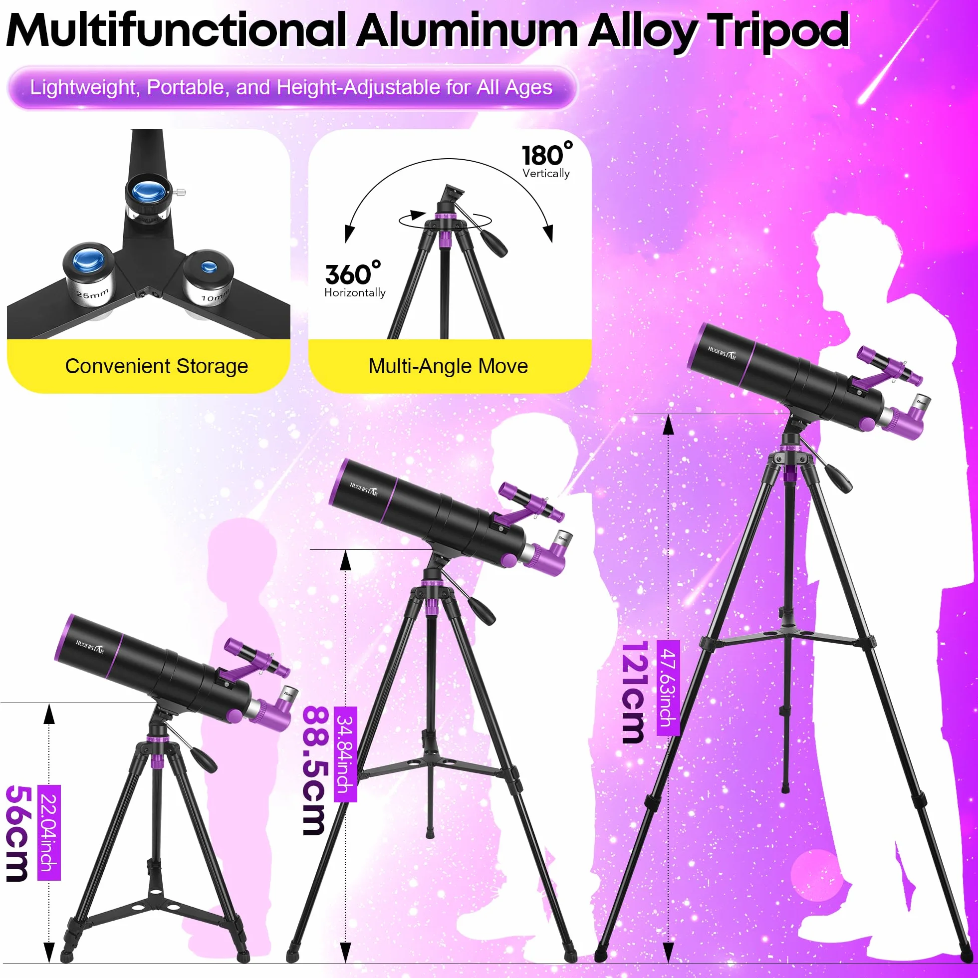 HUGERESTAR Teleskop Astronomie Profi für Erwachsene, 90/550mm Astronomisches Refraktor Teleskope für Kinder & Anfänger, Tragbares Reiseteleskop mit Stativ, Handyhalterung, Mondfilter & Tragetasche