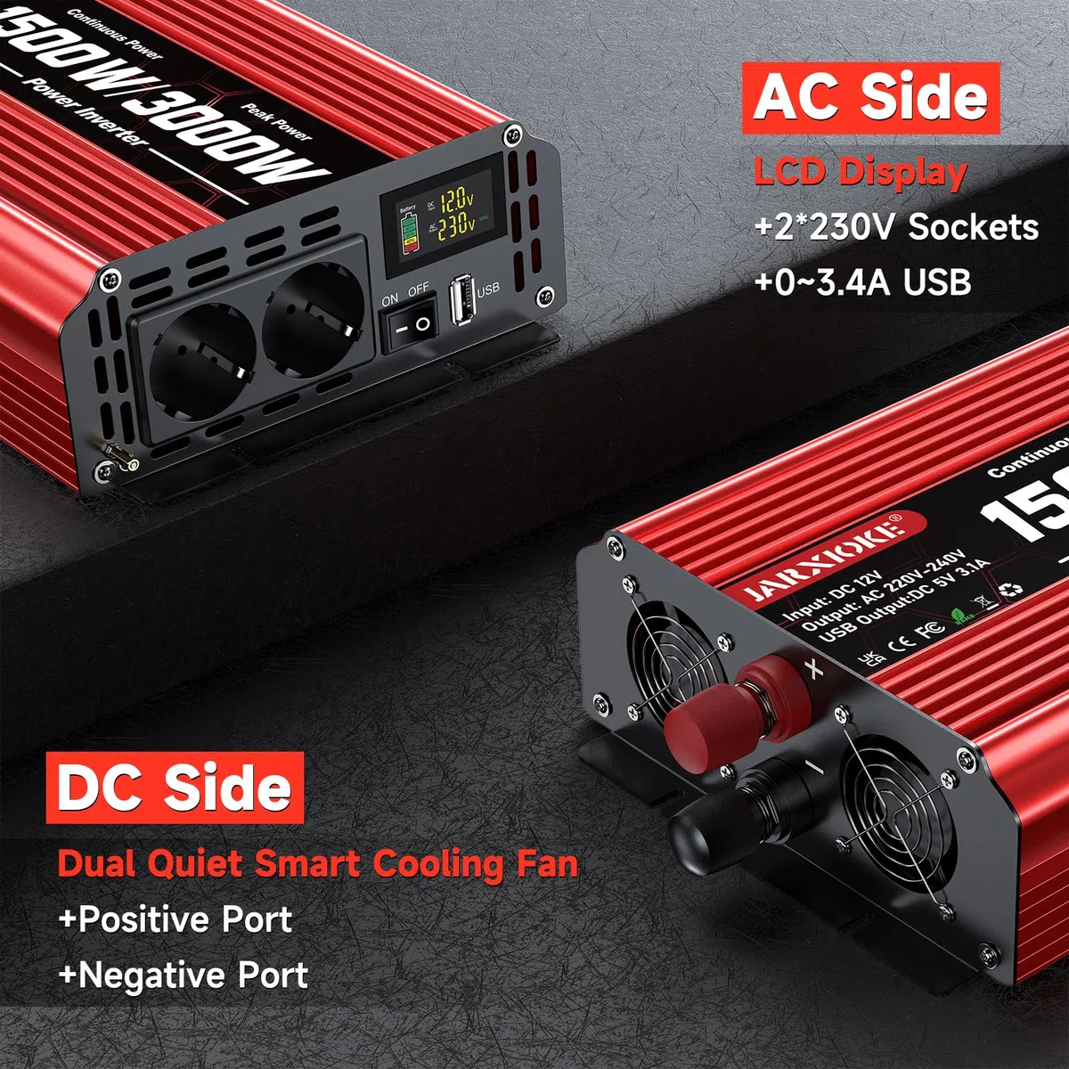 1500W Wechselrichter DC 12V auf AC 230V Spannungswandler 2 AC Steckdose & USB Port Stromwandler mit LCD Display,Power Inverter für Auto KFZ Wohnwagen LKW