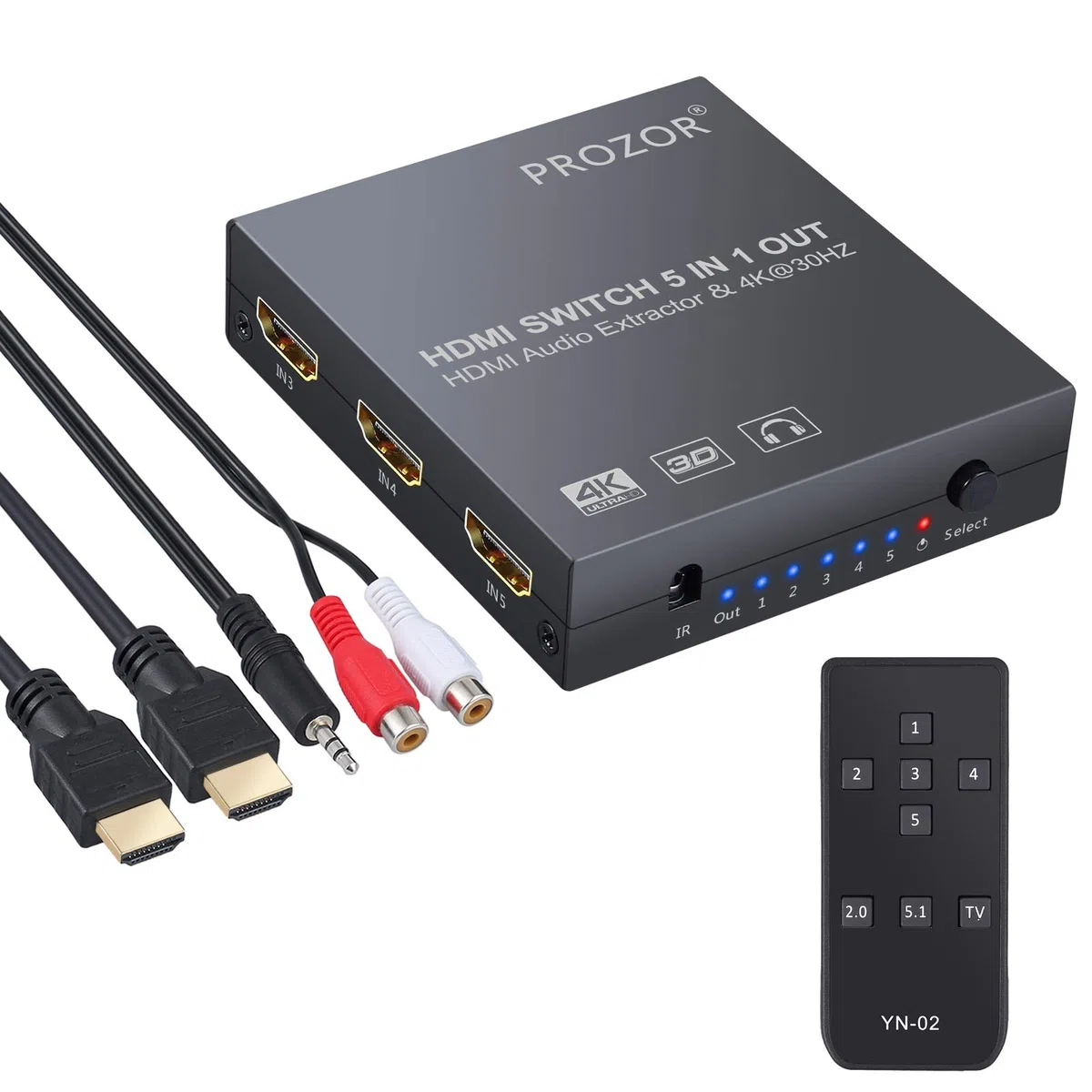 PROZOR HDMI Switch Audio Konverter 4K 3D Umschalter mit Audio Extraktor 5x1 mit IR-Fernbedienung 3 Fuß HDMI 1.4-Kabel