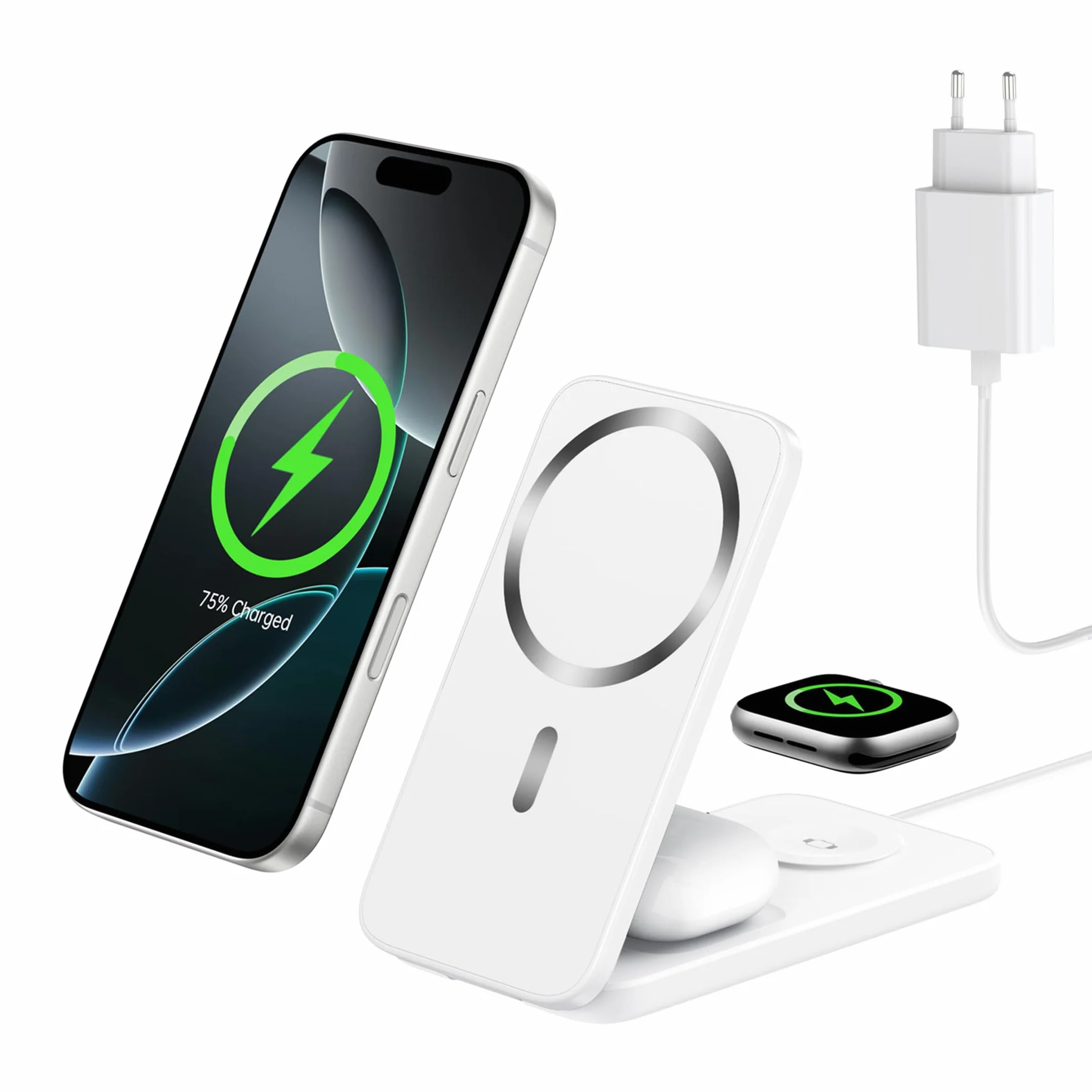 Ladestation Apple Watch und iPhone, 3 in 1 Magnetische Induktive Ladestation für iPhone 12-17 Serie, Apple Watch Ultra/SE/11-6, für AirPods 4/3/2/Pro 3 Faltbares Wireless Charging Dock